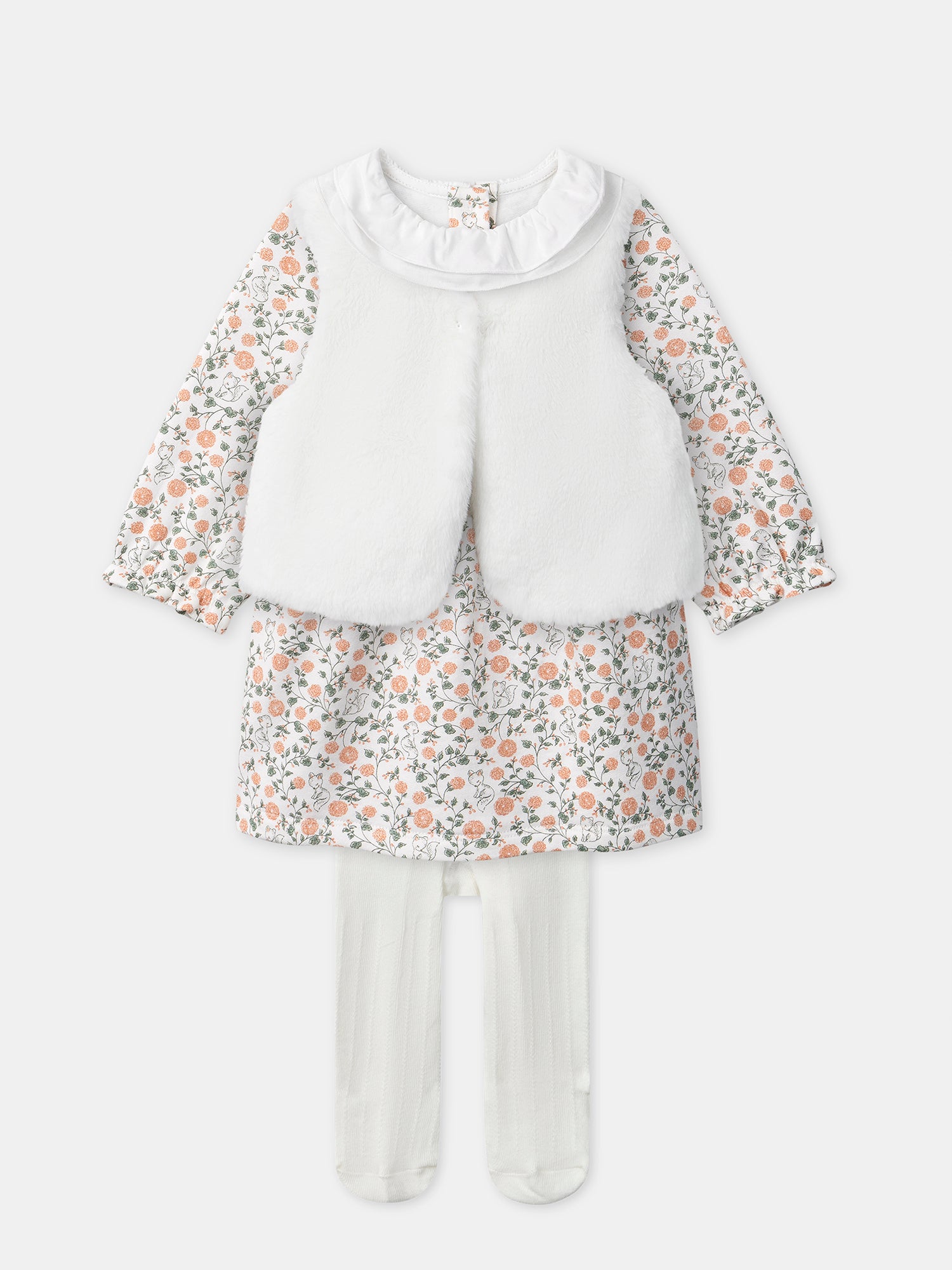 Ensemble robe imprimé fleuri gilet collant Naissance Fille