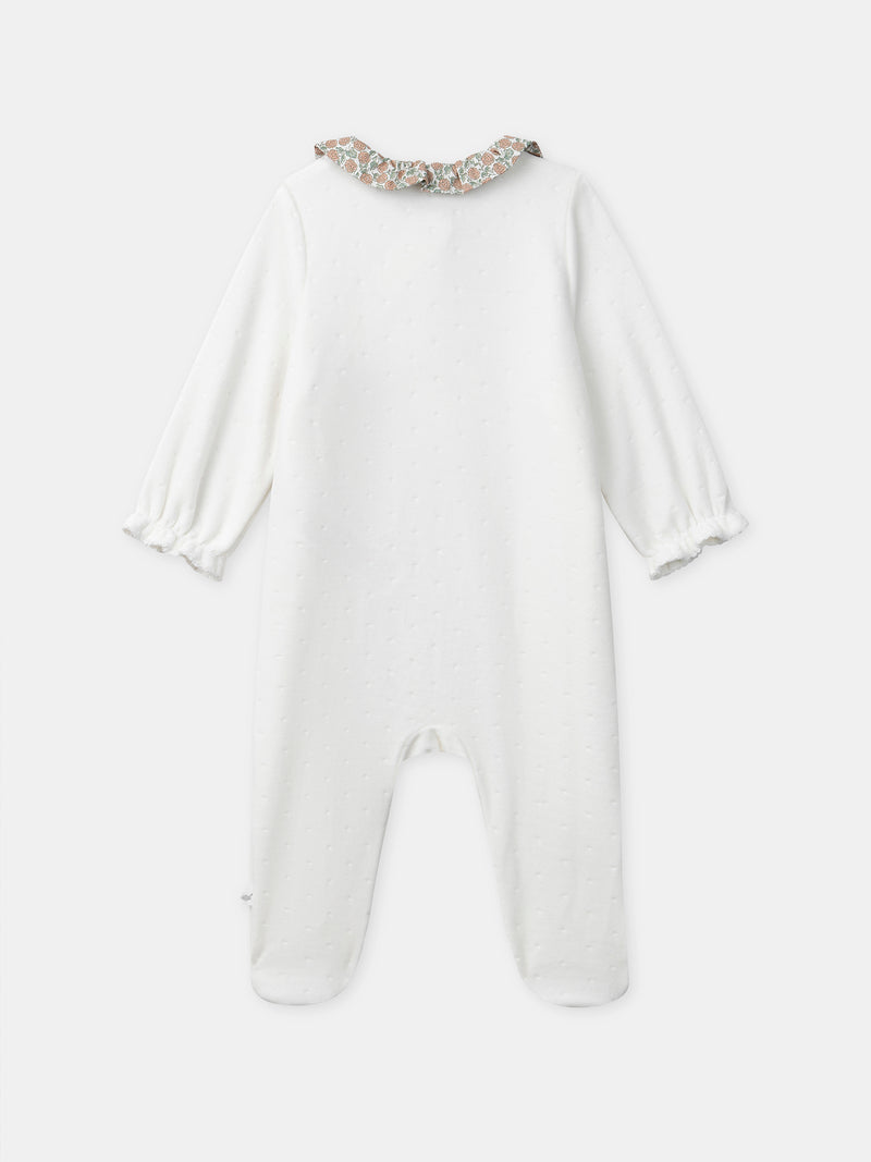 Grenouillère blanche en velours et fleuri Naissance Fille