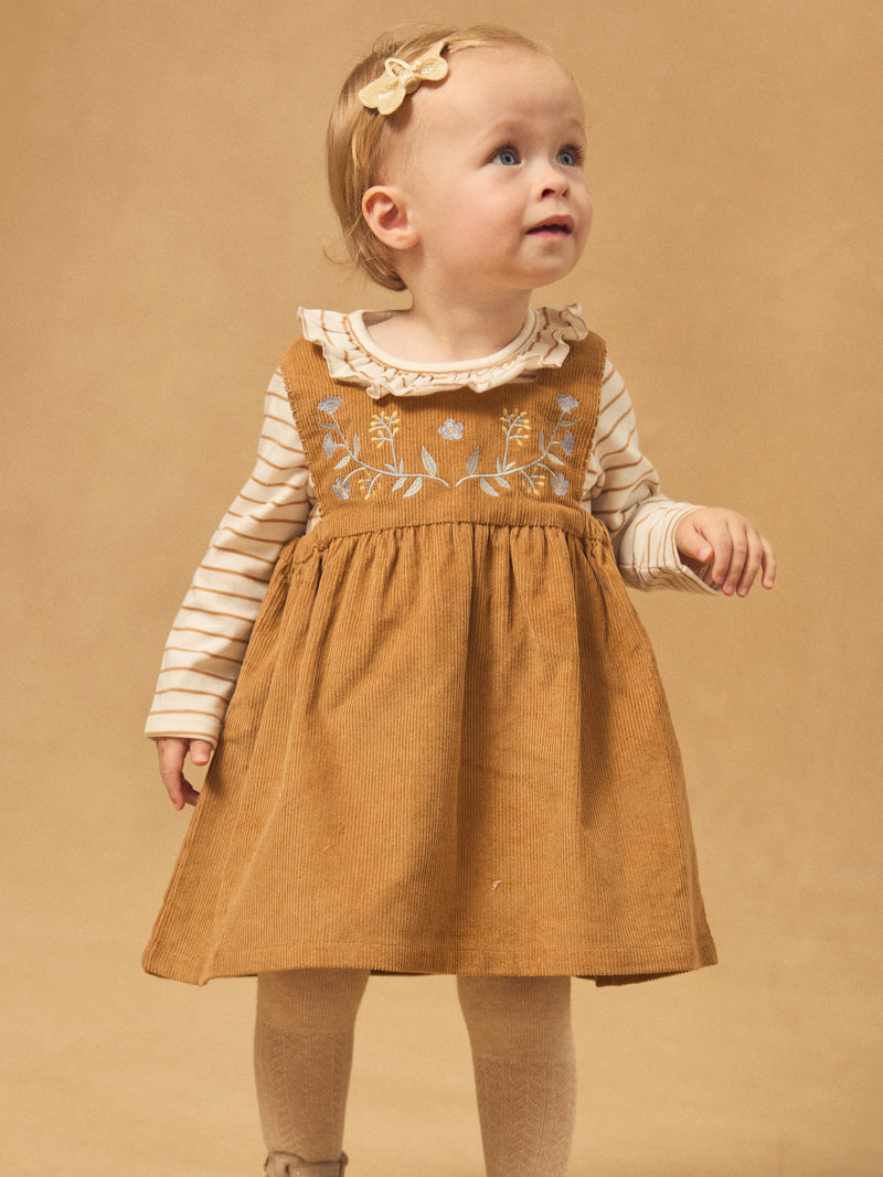 Chasuble marron en velours à broderies fleurs Bébé Fille