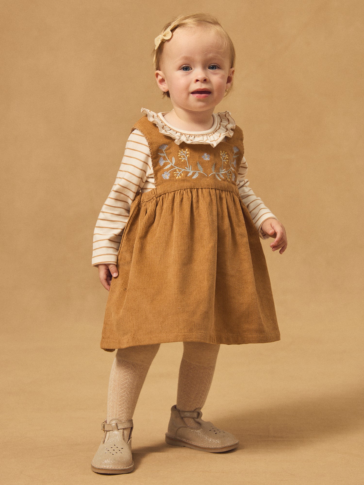 Chasuble marron en velours à broderies fleurs Bébé Fille