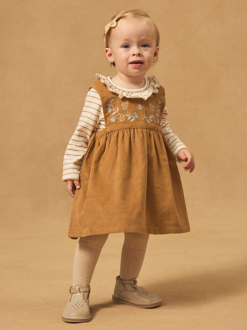 Chasuble marron en velours à broderies fleurs Bébé Fille