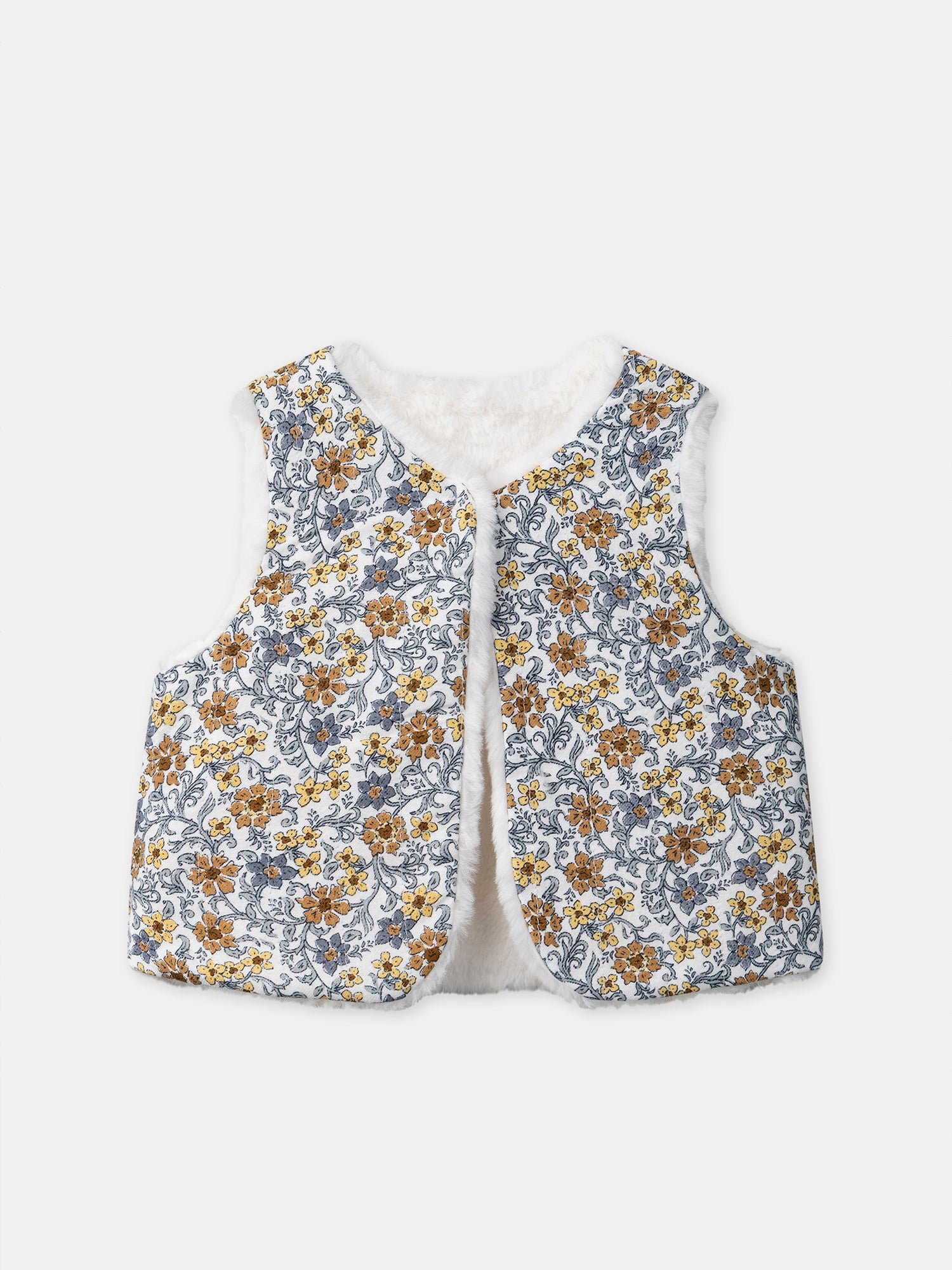 Gilet réversible blanc en fourrure ou imprimé fleuri Bébé Fille