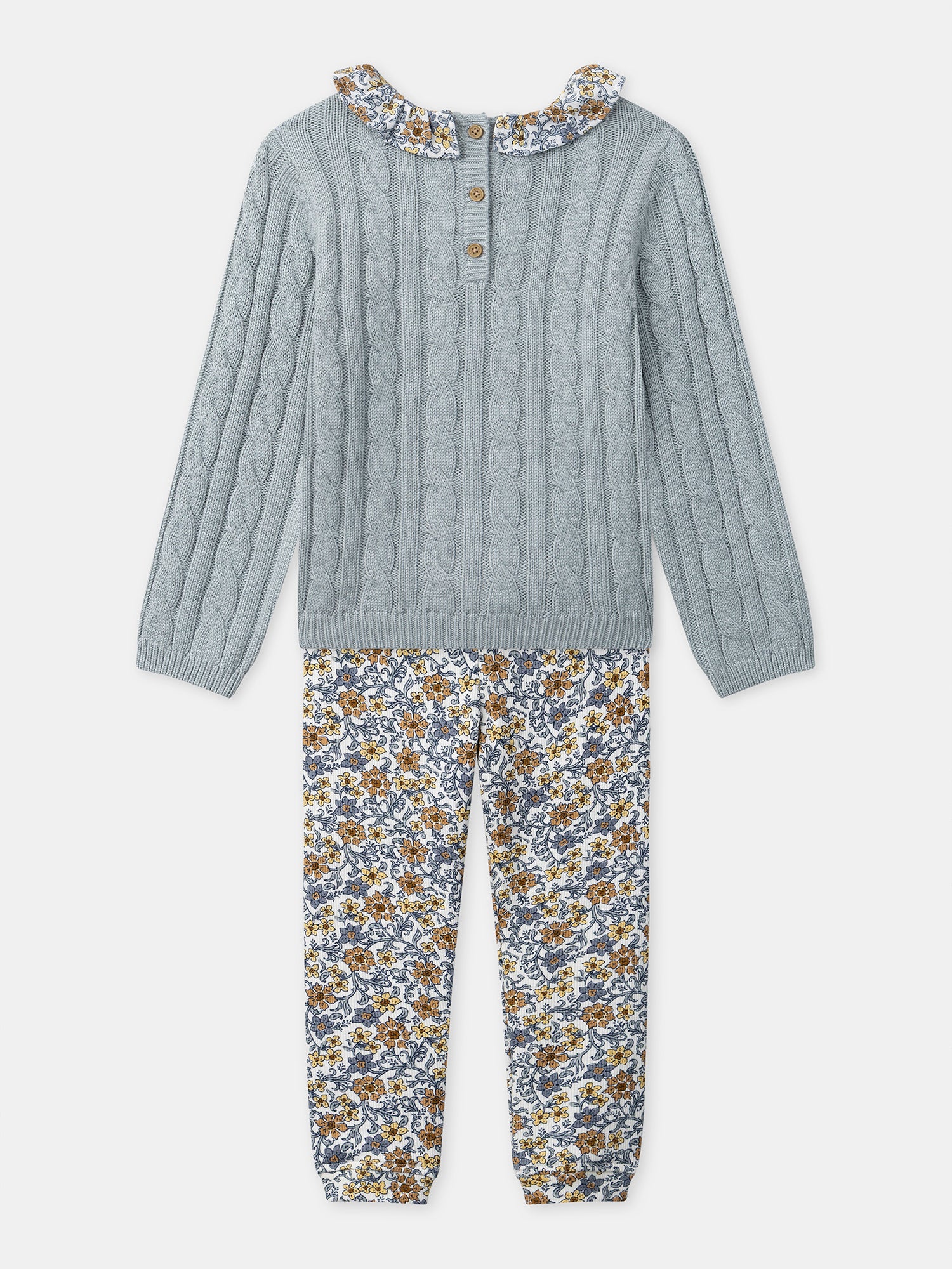 Ensemble pull bleu grisé et legging imprimé fleuri Bébé Fille