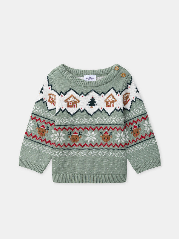 Pull de noël vert sauge Bébé Mixte