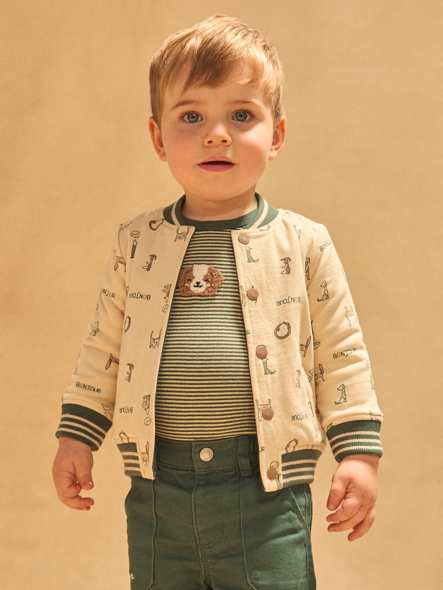 Teddy réversible vert foncé uni ou écru imprimé chiens Bébé Garçon