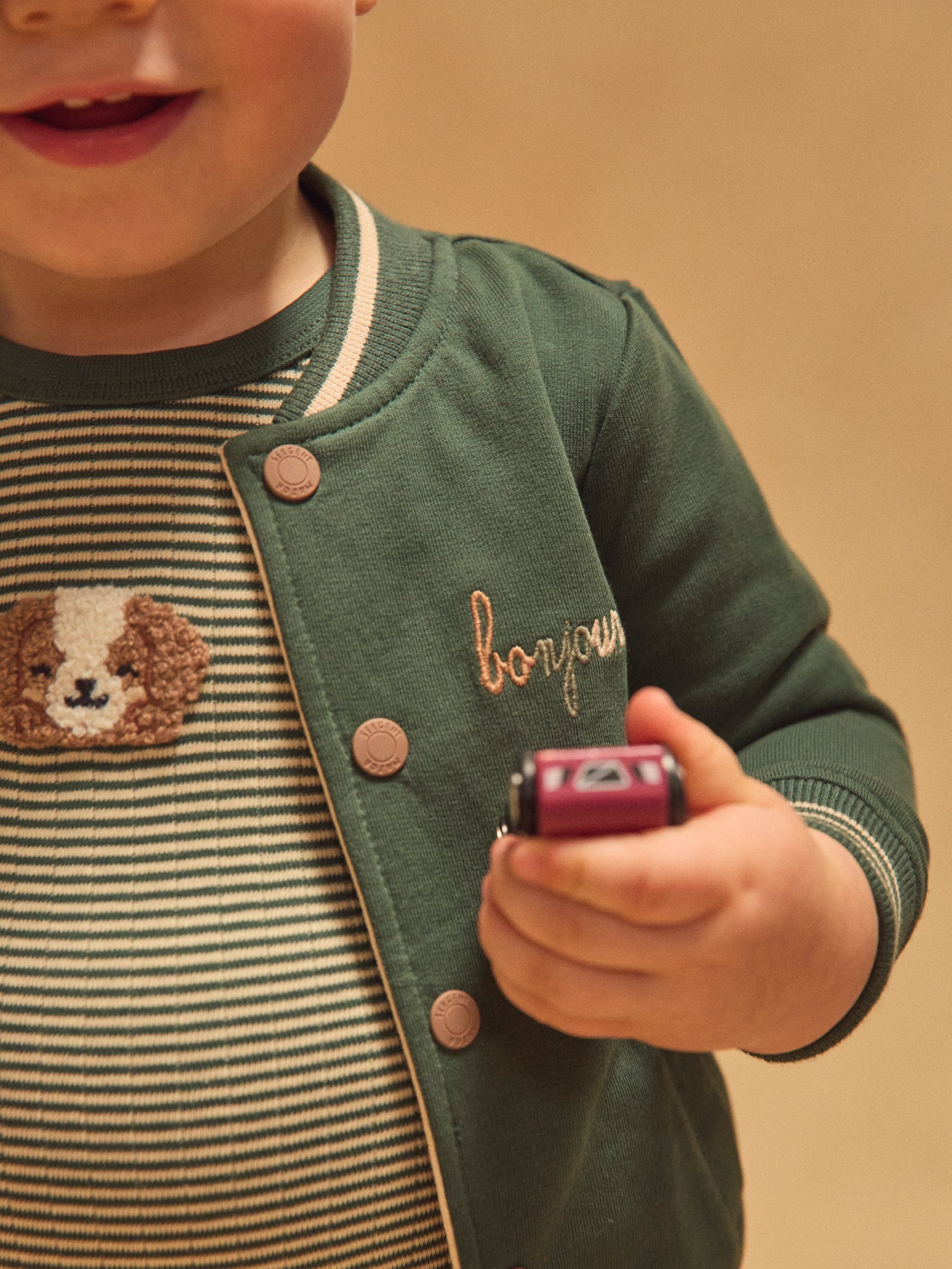 Teddy réversible vert foncé uni ou écru imprimé chiens Bébé Garçon