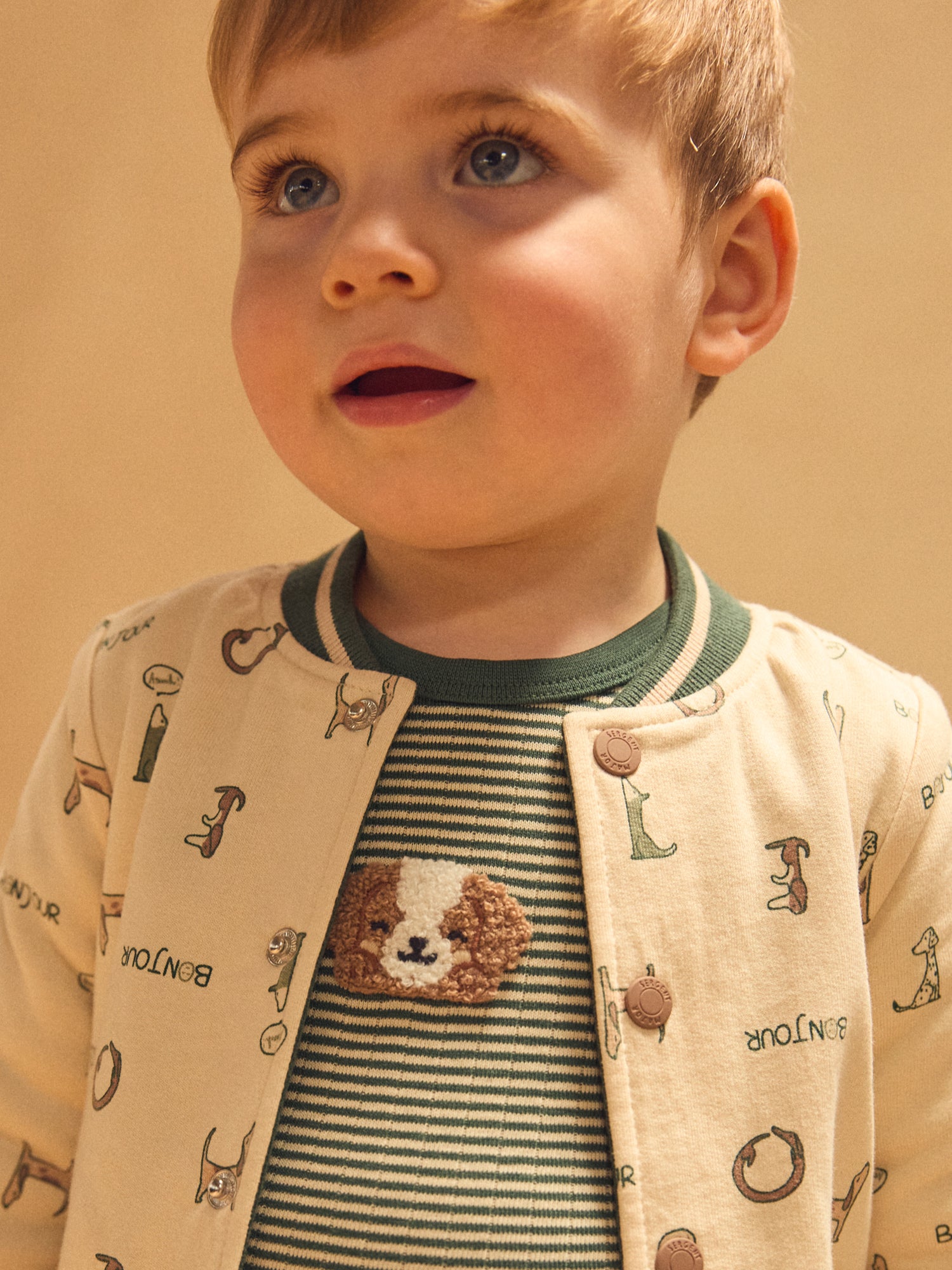 Teddy réversible vert foncé uni ou écru imprimé chiens Bébé Garçon