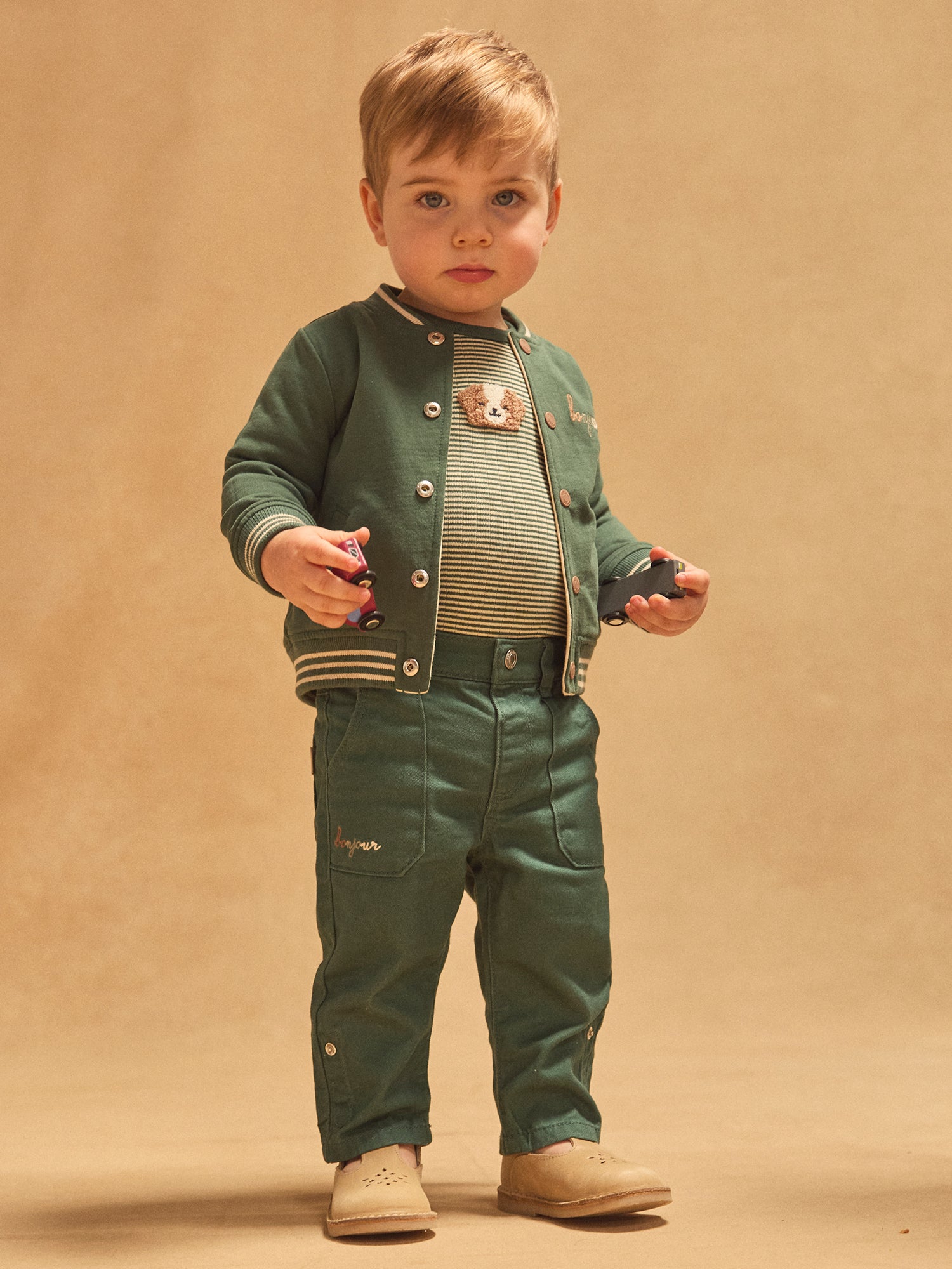 Teddy réversible vert foncé uni ou écru imprimé chiens Bébé Garçon