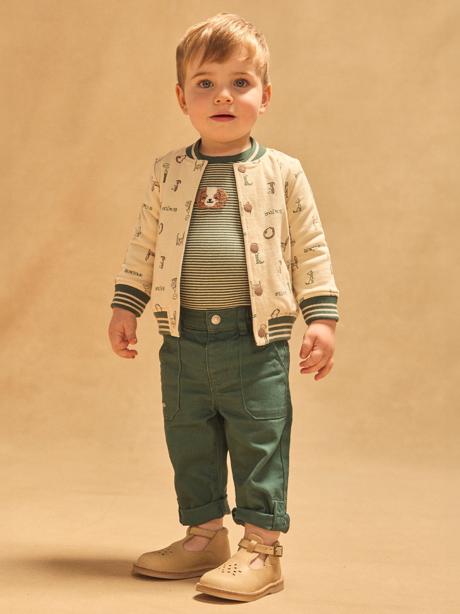 Teddy réversible vert foncé uni ou écru imprimé chiens Bébé Garçon