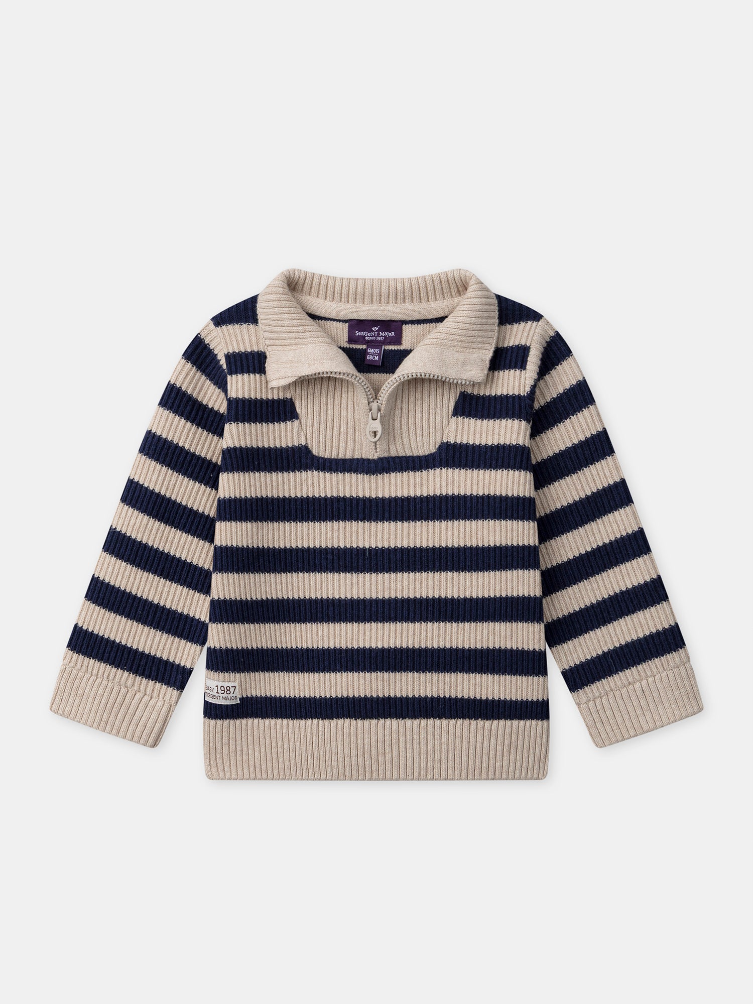 Pull écru à rayures bleu foncé demi-zip et col Bébé Garçon