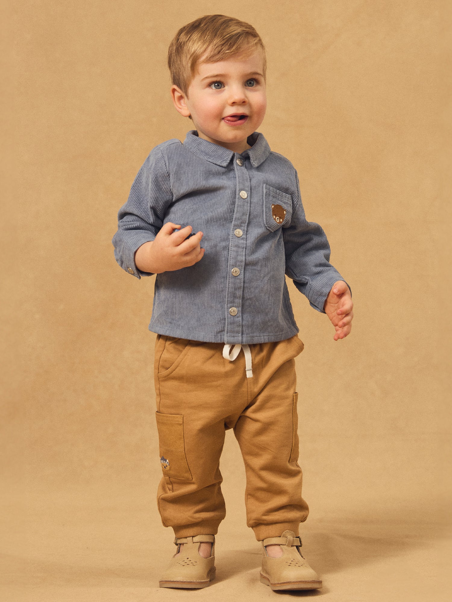 Chemise bleue grisé en velours Bébé Garçon