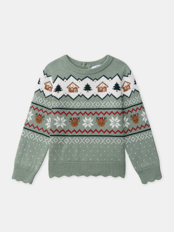 Pull de noël vert sauge Fille