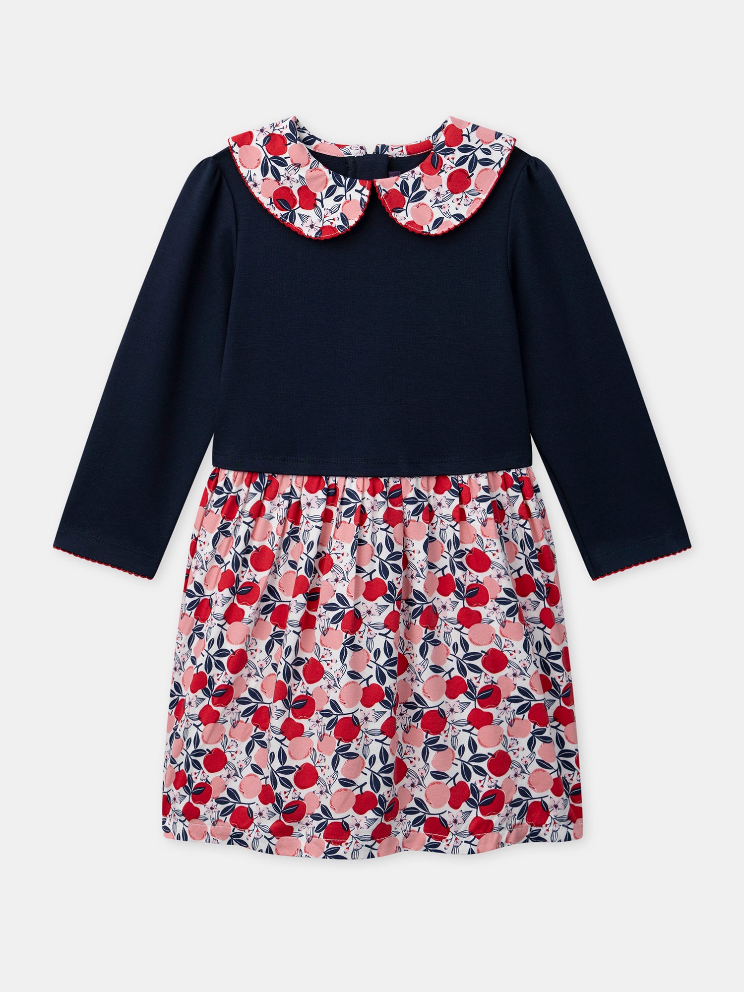 Robe bi-matière bleu marine et imprimé pommes Fille