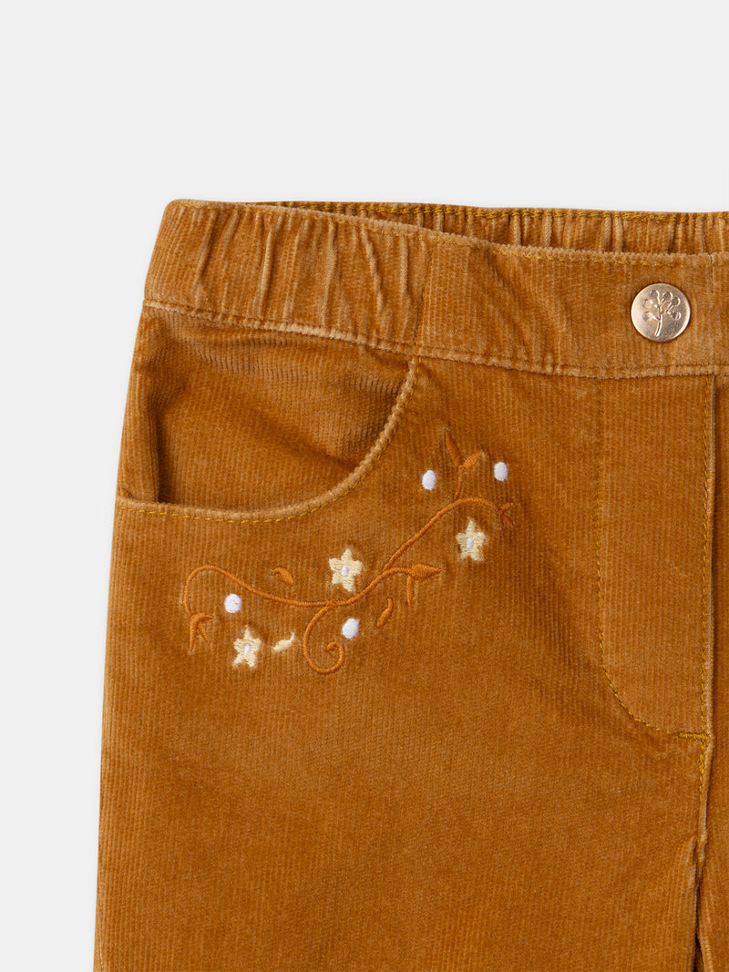 Pantalon marron en velours à broderies fleurs Fille