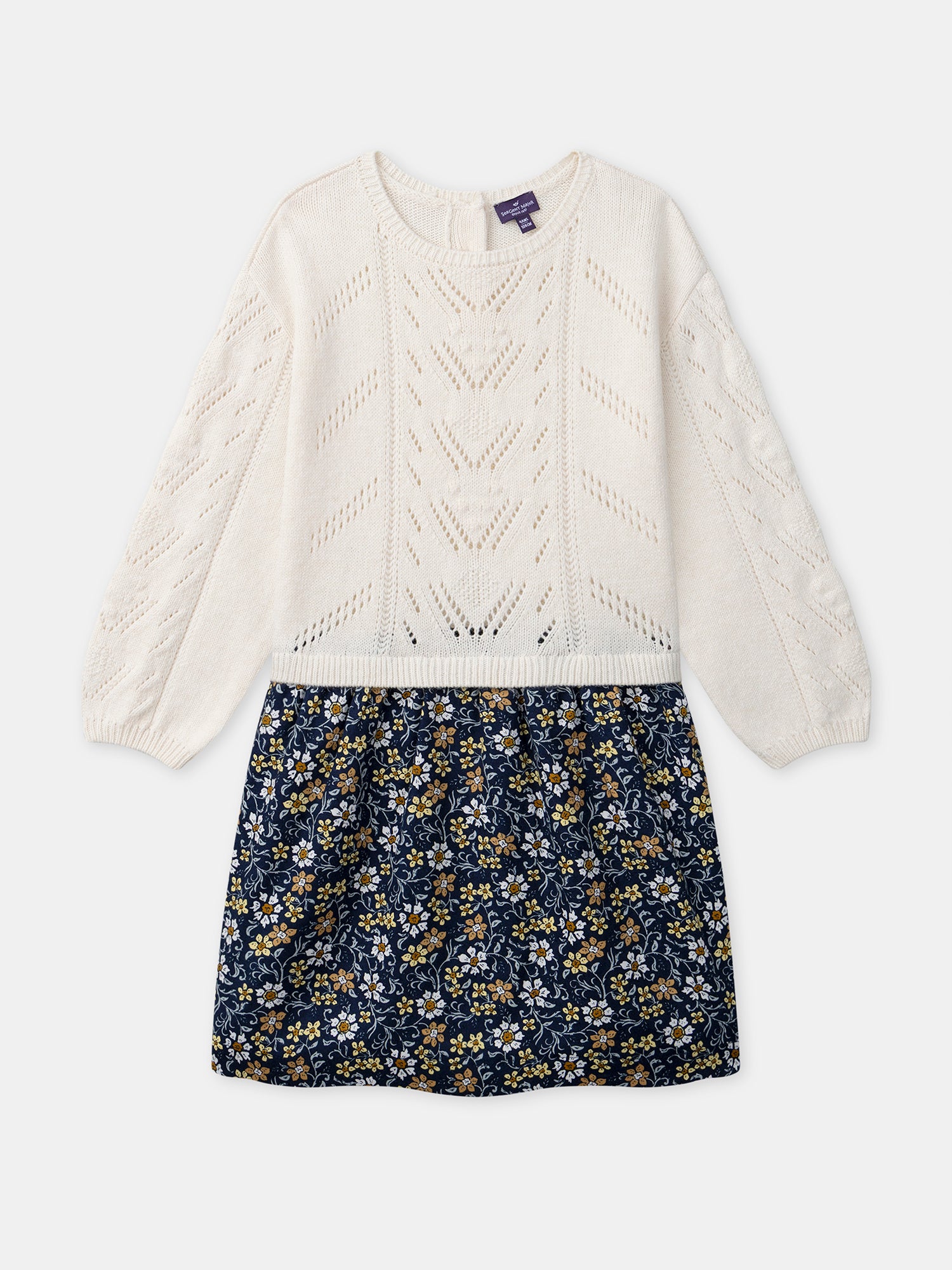 Robe bi-matière pull écru et bas imprimé fleuri Fille