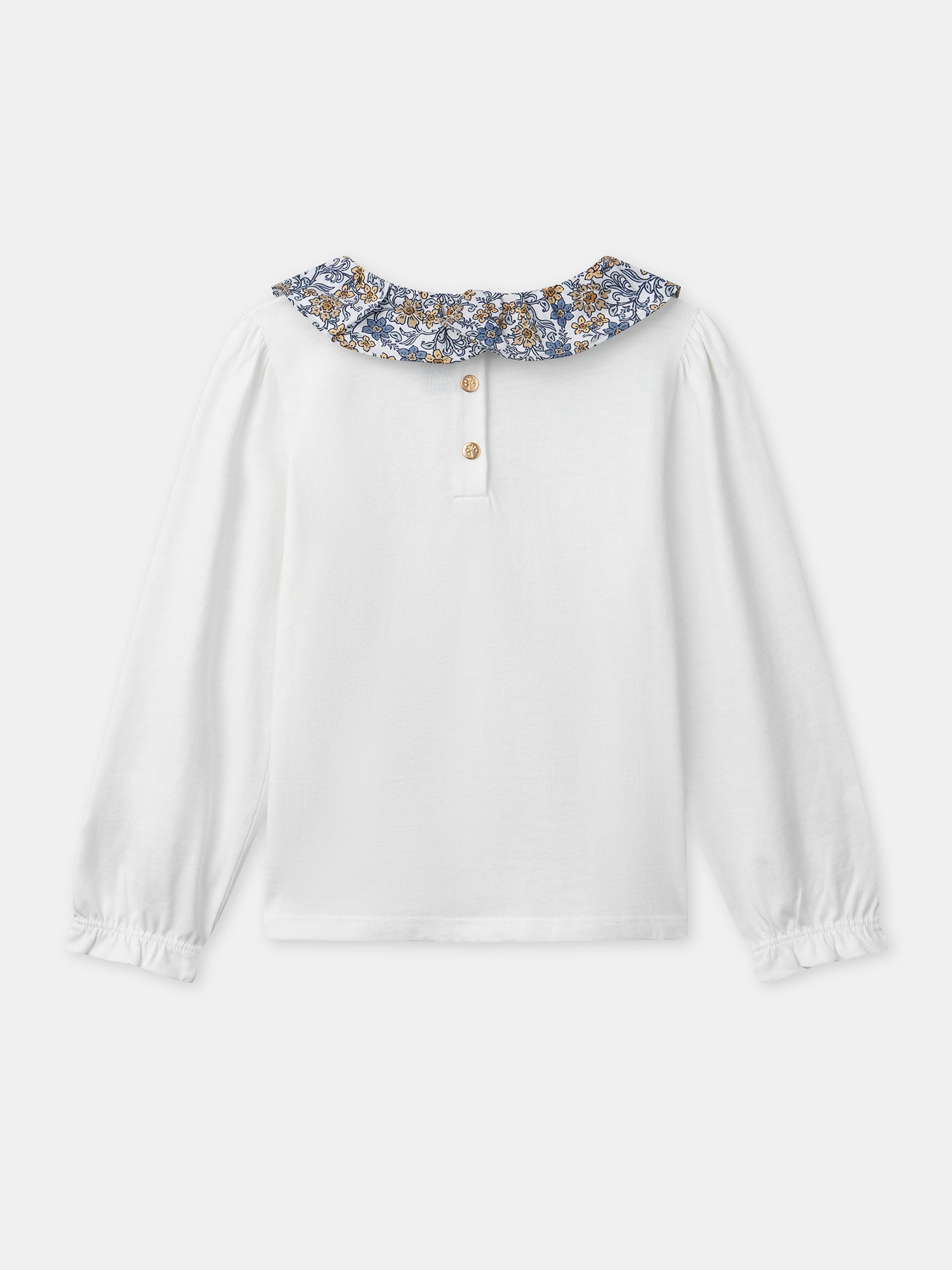 T-shirt blanc à col imprimé fleuri et manches longues Fille