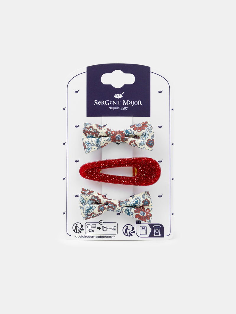3 barrettes écru imprimé fleuri ou rouge paillettés Fille