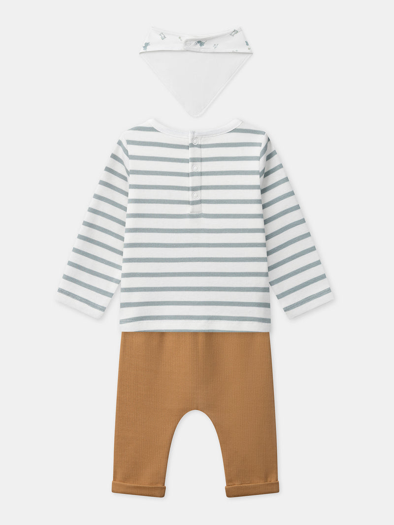 Ensemble haut rayé + pantalon marron + bavoir Naissance Garçon