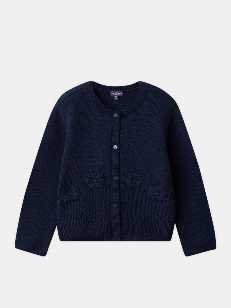 Cardigan bleu marine à broderies fleurs marguerite Fille