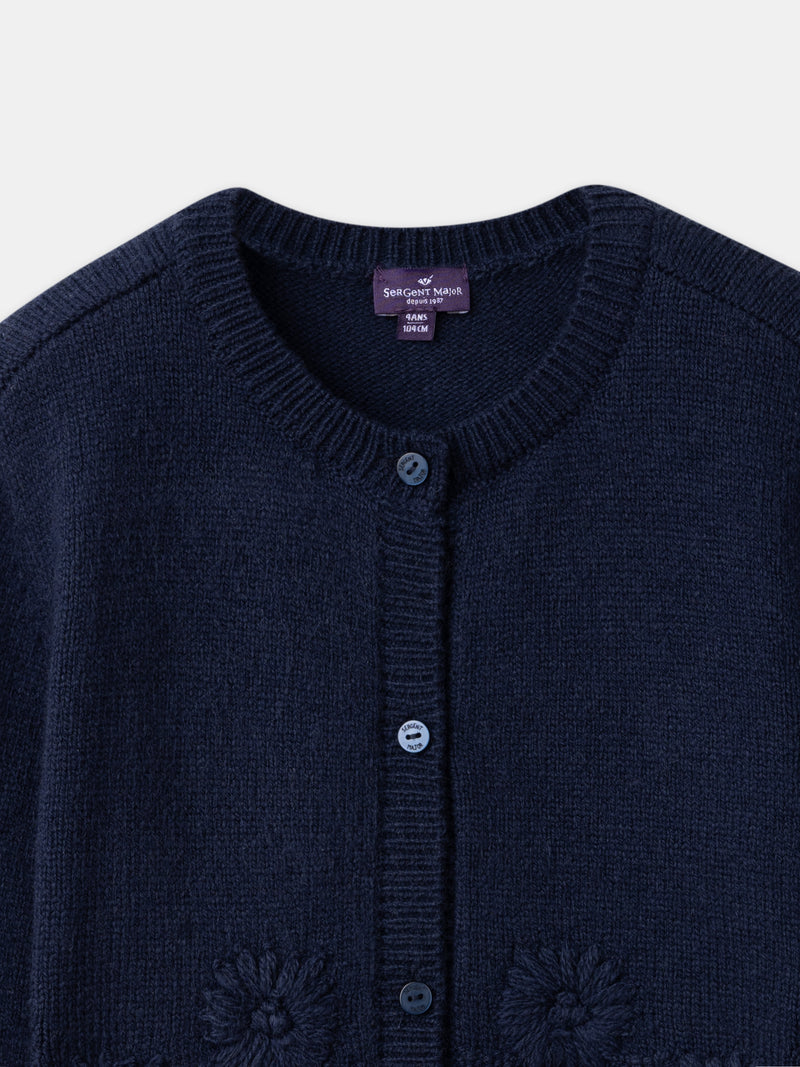 Cardigan bleu marine à broderies fleurs marguerite Fille