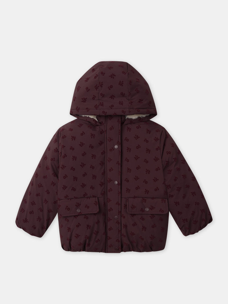 Doudoune bordeaux imprimé floral en velours Fille