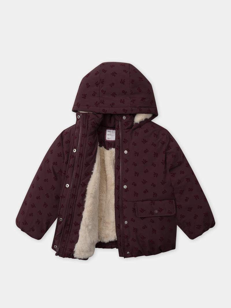 Doudoune bordeaux imprimé floral en velours Fille