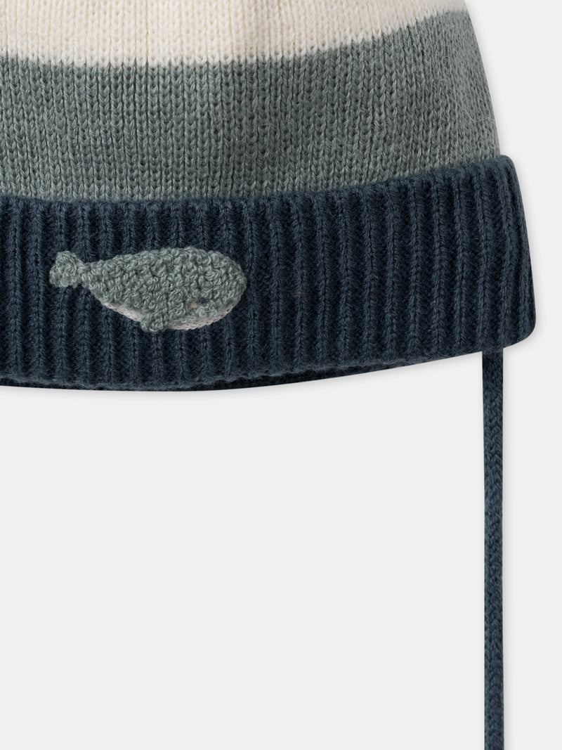 Bonnet tricolore à rayures et pompom avec broderie baleine Bébé Garçon