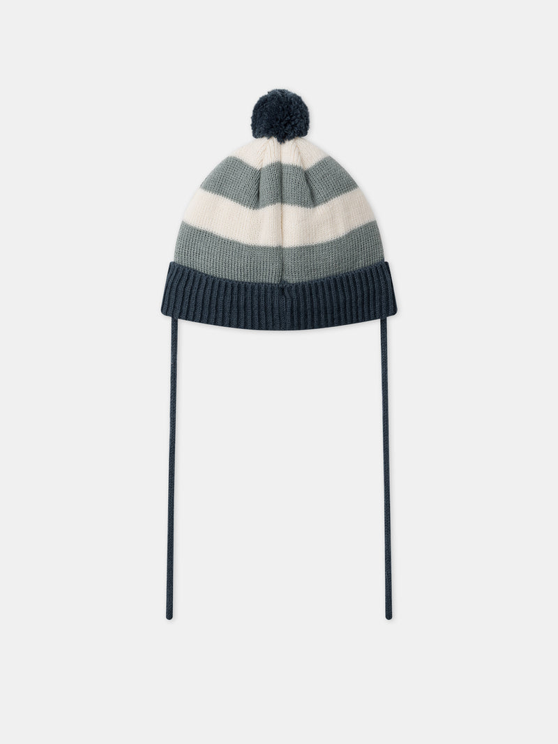 Bonnet tricolore à rayures et pompom avec broderie baleine Bébé Garçon