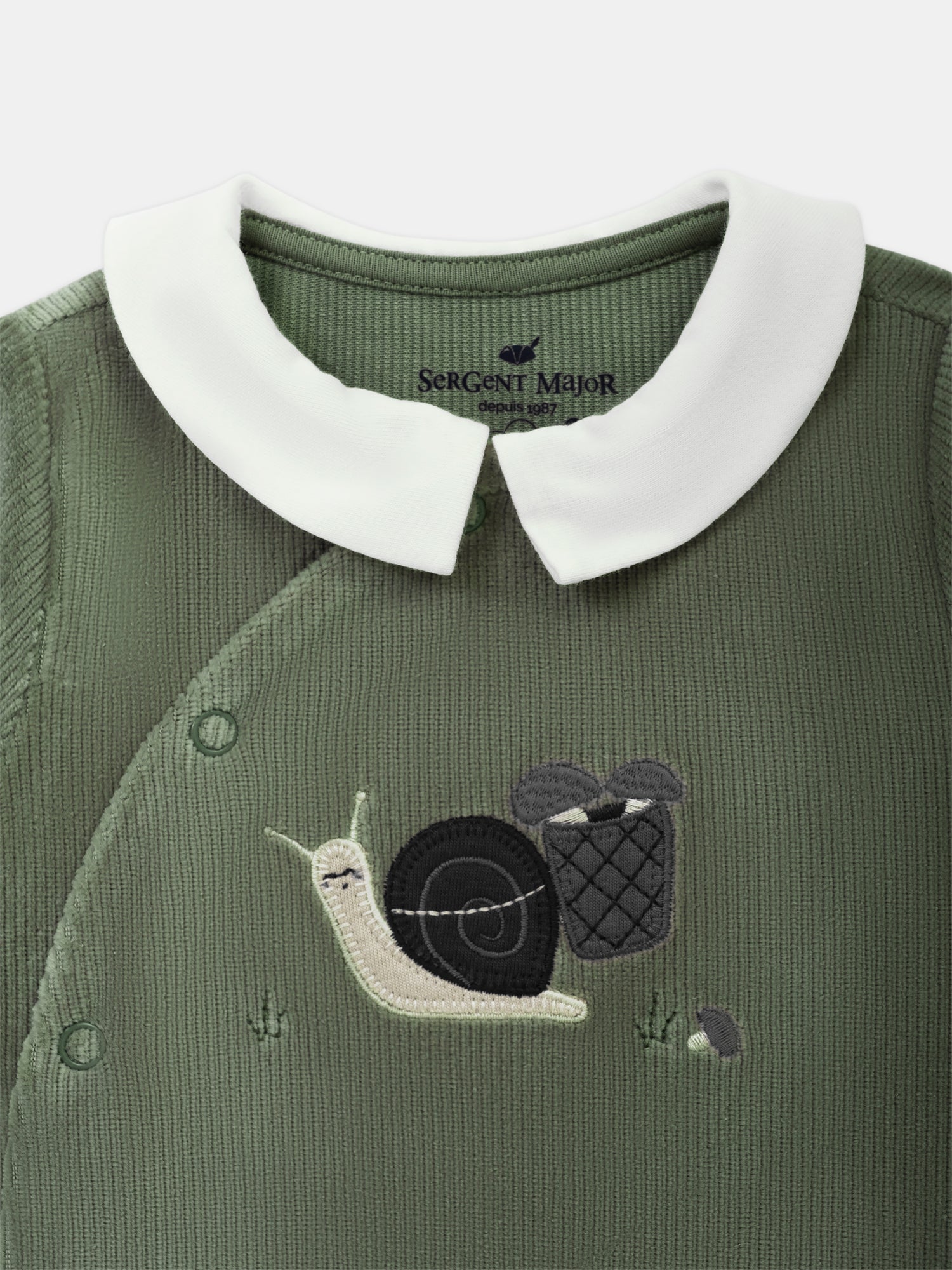 Grenouillère en velours vert grisé à broderie escargot Bébé Garçon