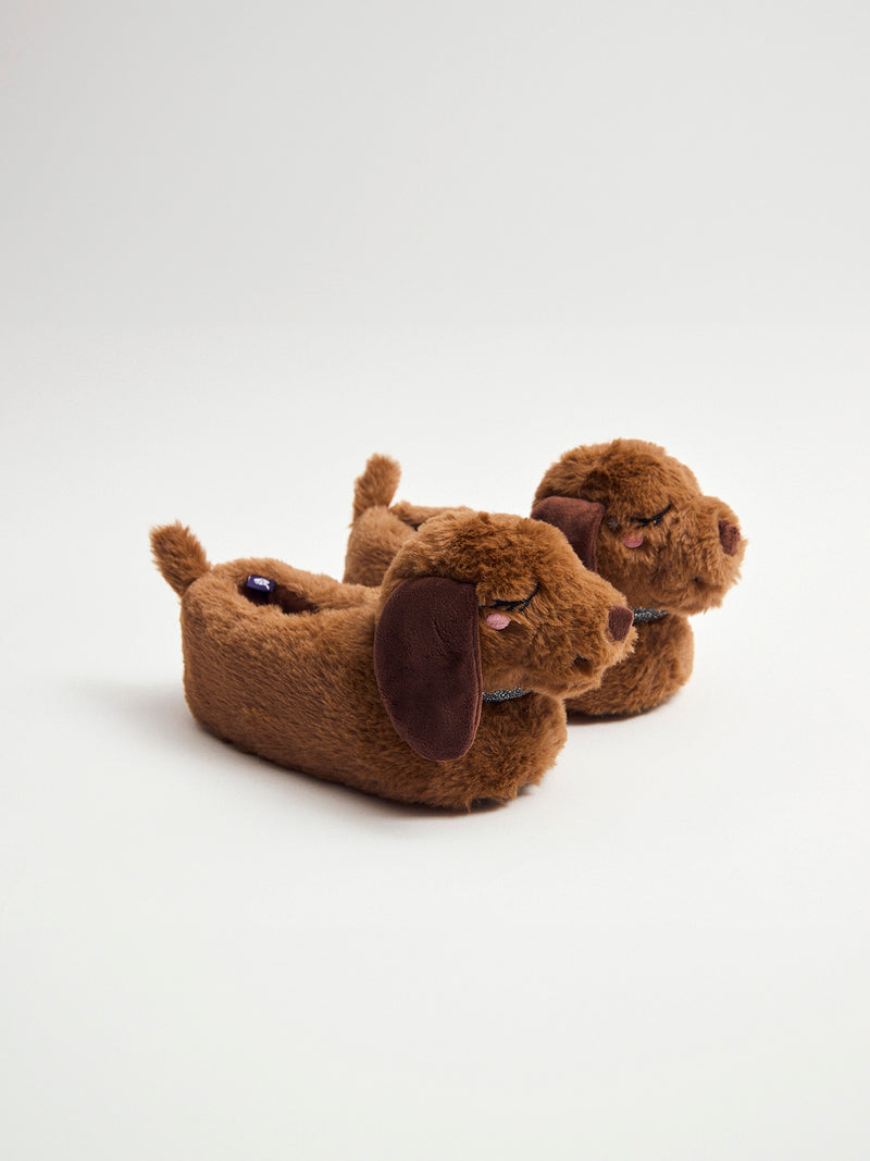 Chaussons marron tête de chien Fille