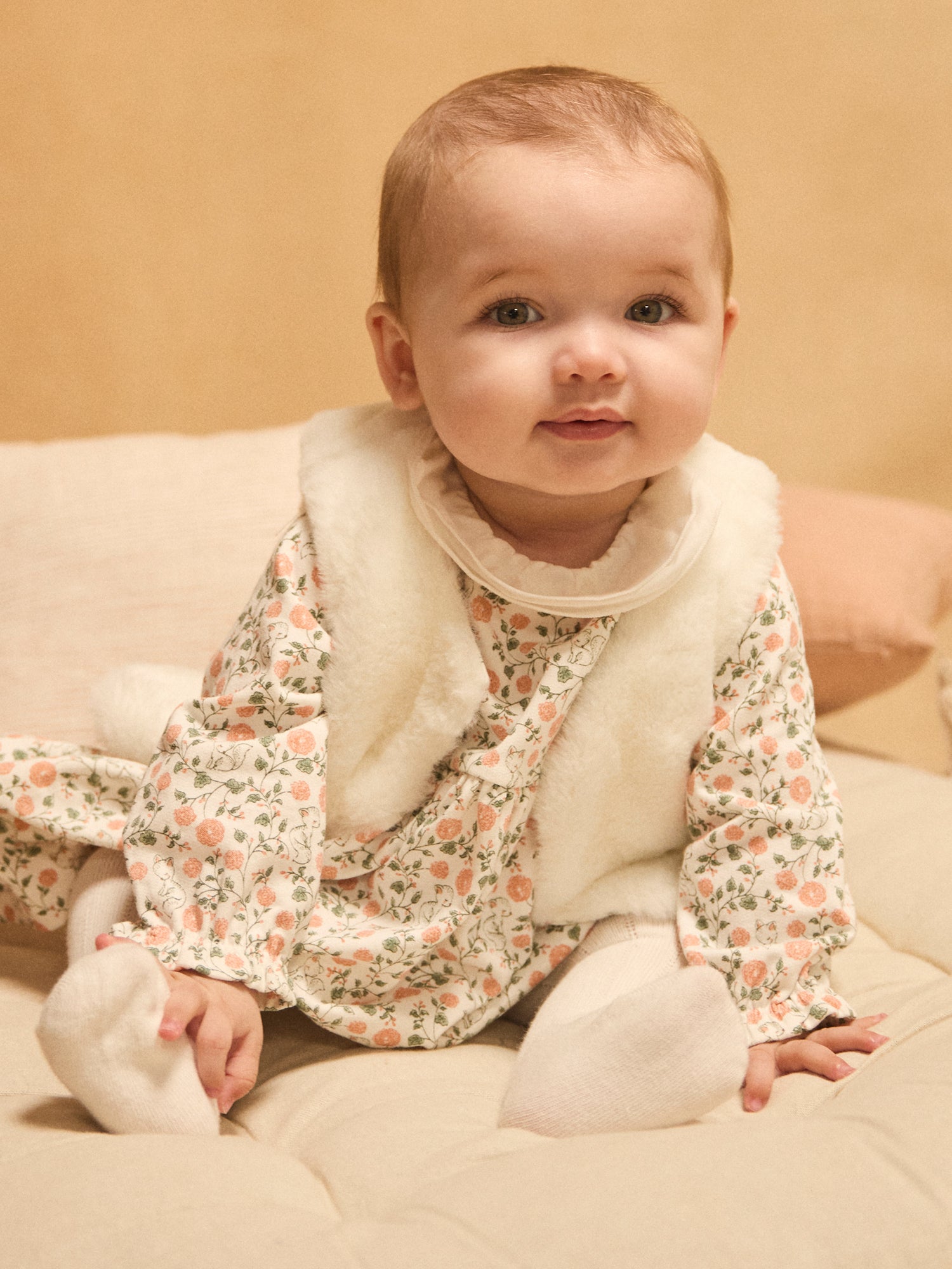 Ensemble robe imprimé fleuri + gilet + collant Naissance Fille