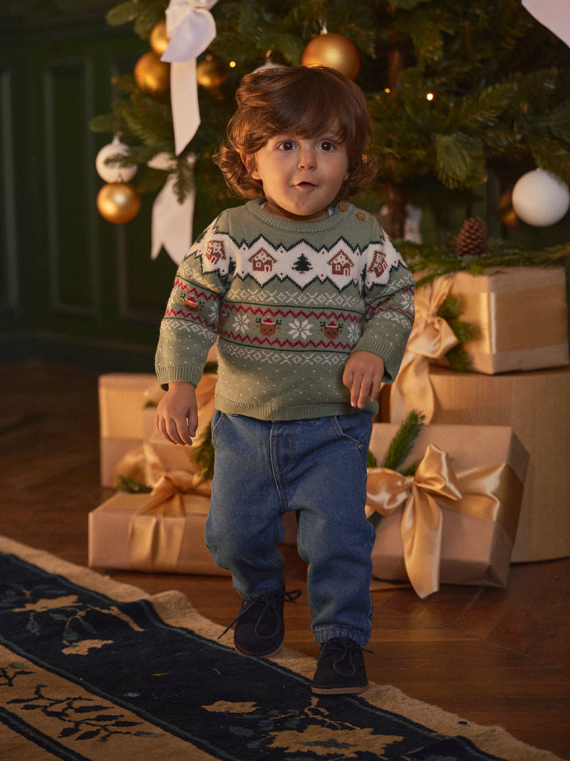 Pull de noël vert sauge Bébé Mixte