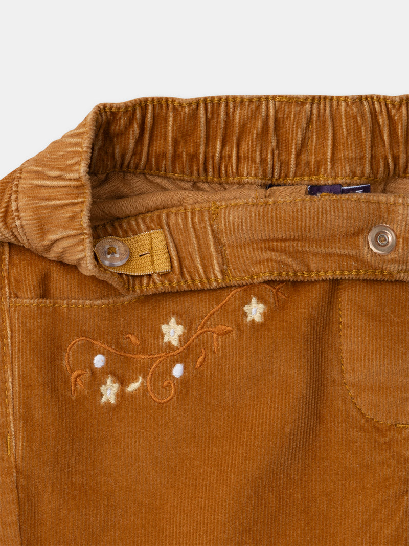 Pantalon marron en velours à broderies fleurs Fille