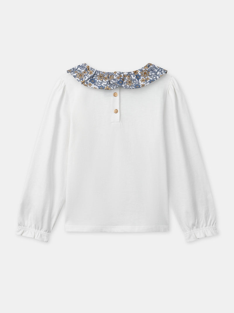 T-shirt blanc à col imprimé fleuri et manches longues Fille