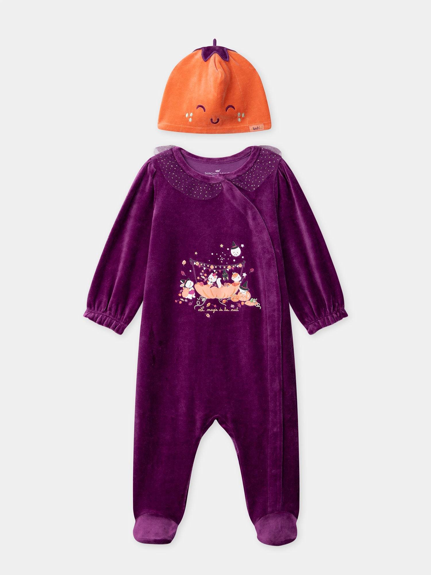 Grenouillère violette en velours + Bonnet citrouille Bébé Fille