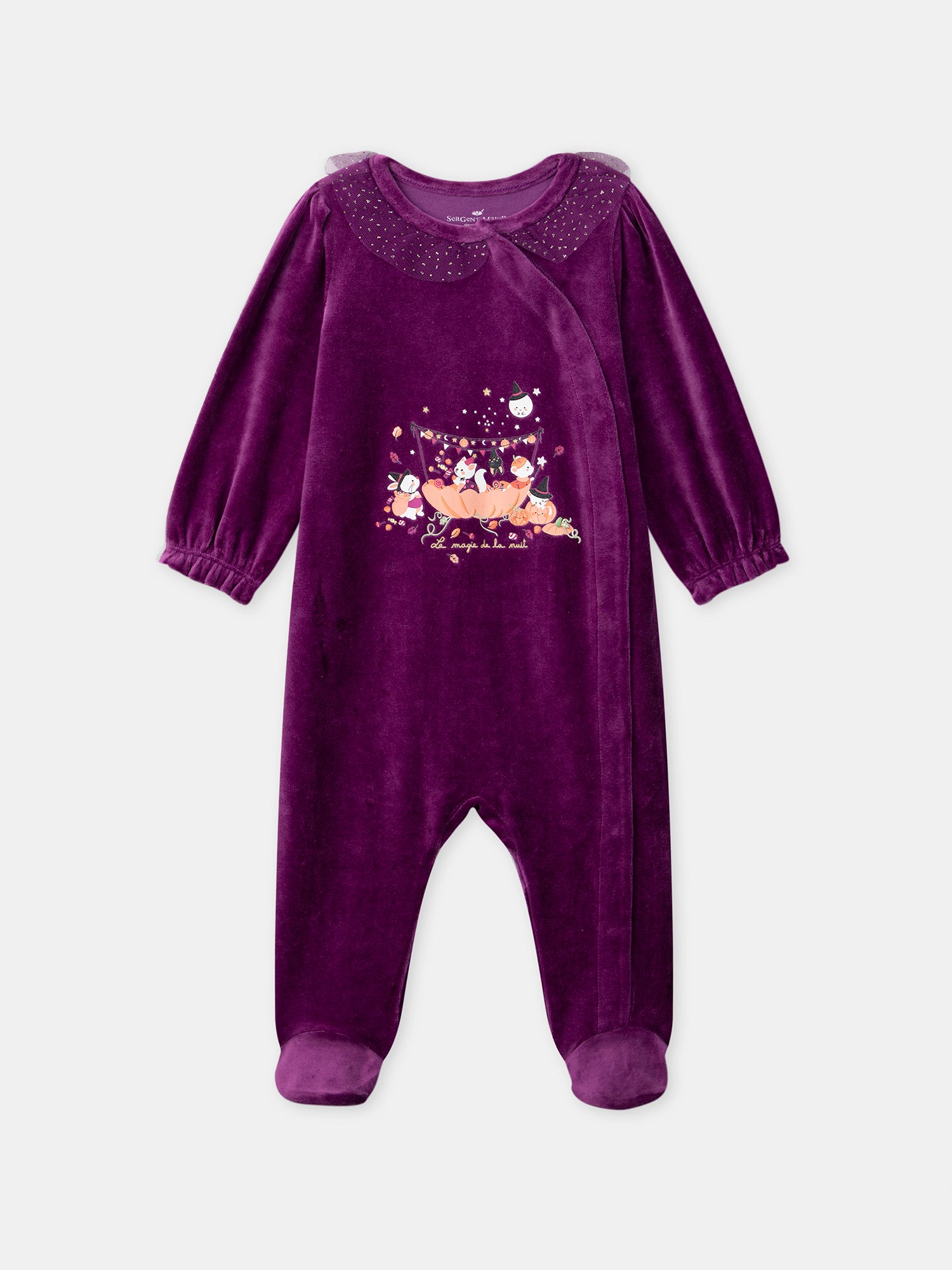 Grenouillère violette en velours + Bonnet citrouille Bébé Fille