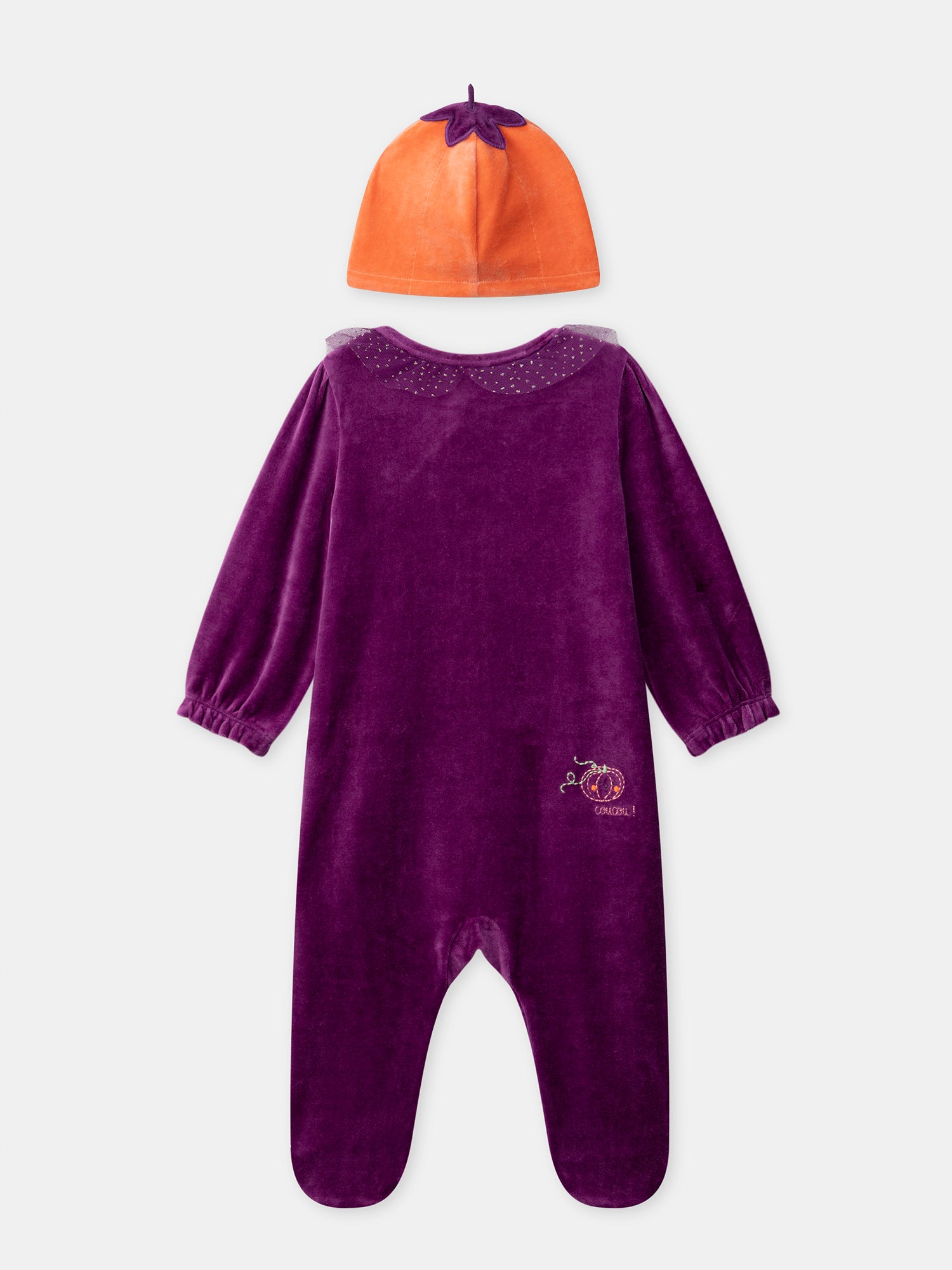 Grenouillère violette en velours + Bonnet citrouille Bébé Fille