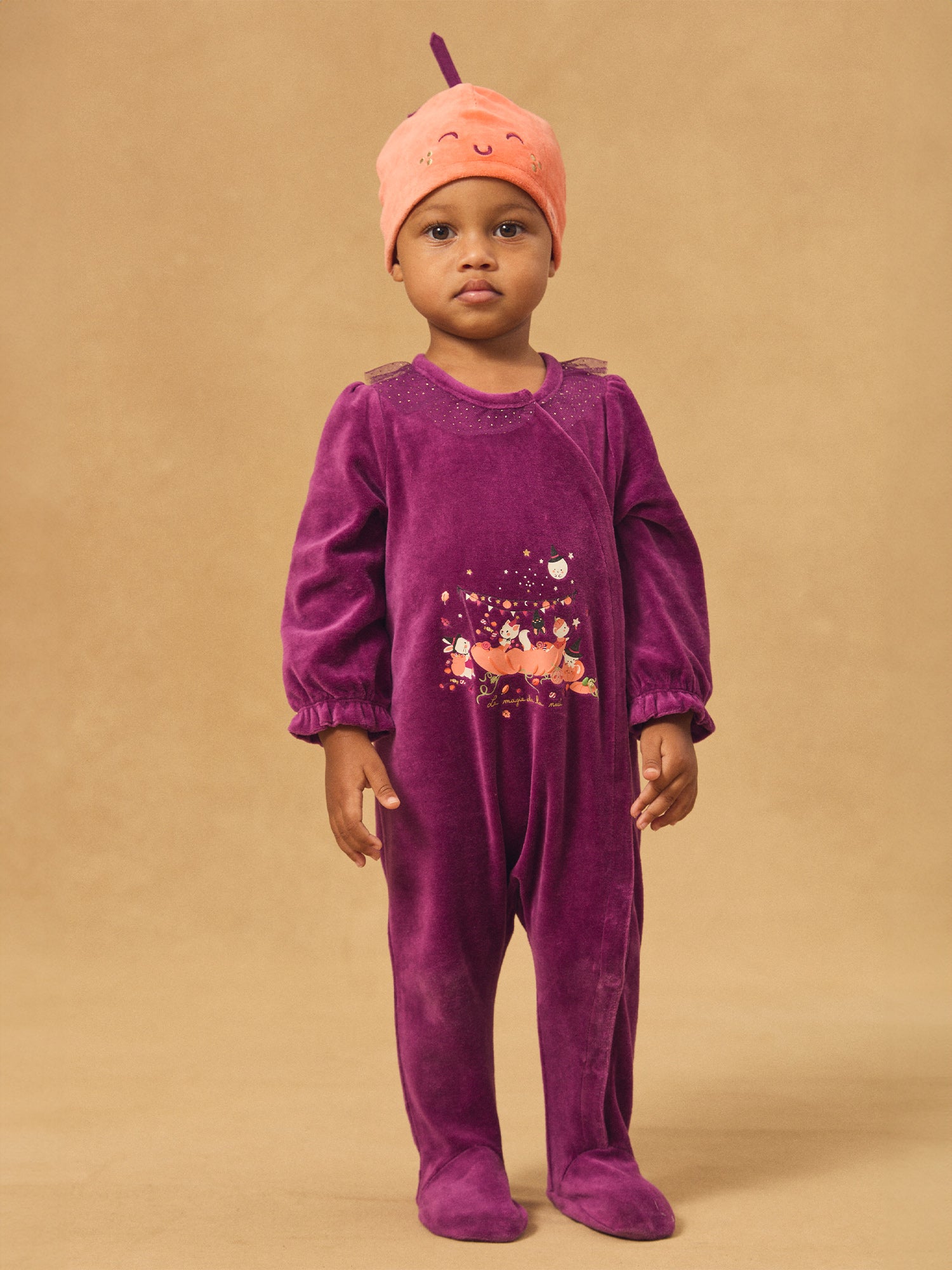 Grenouillère violette en velours + Bonnet citrouille Bébé Fille