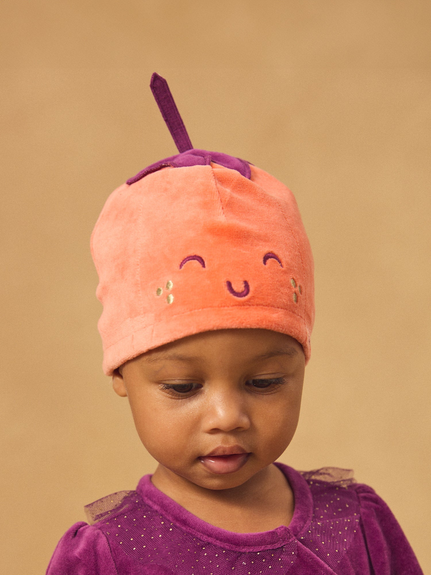 Grenouillère violette en velours + Bonnet citrouille Bébé Fille