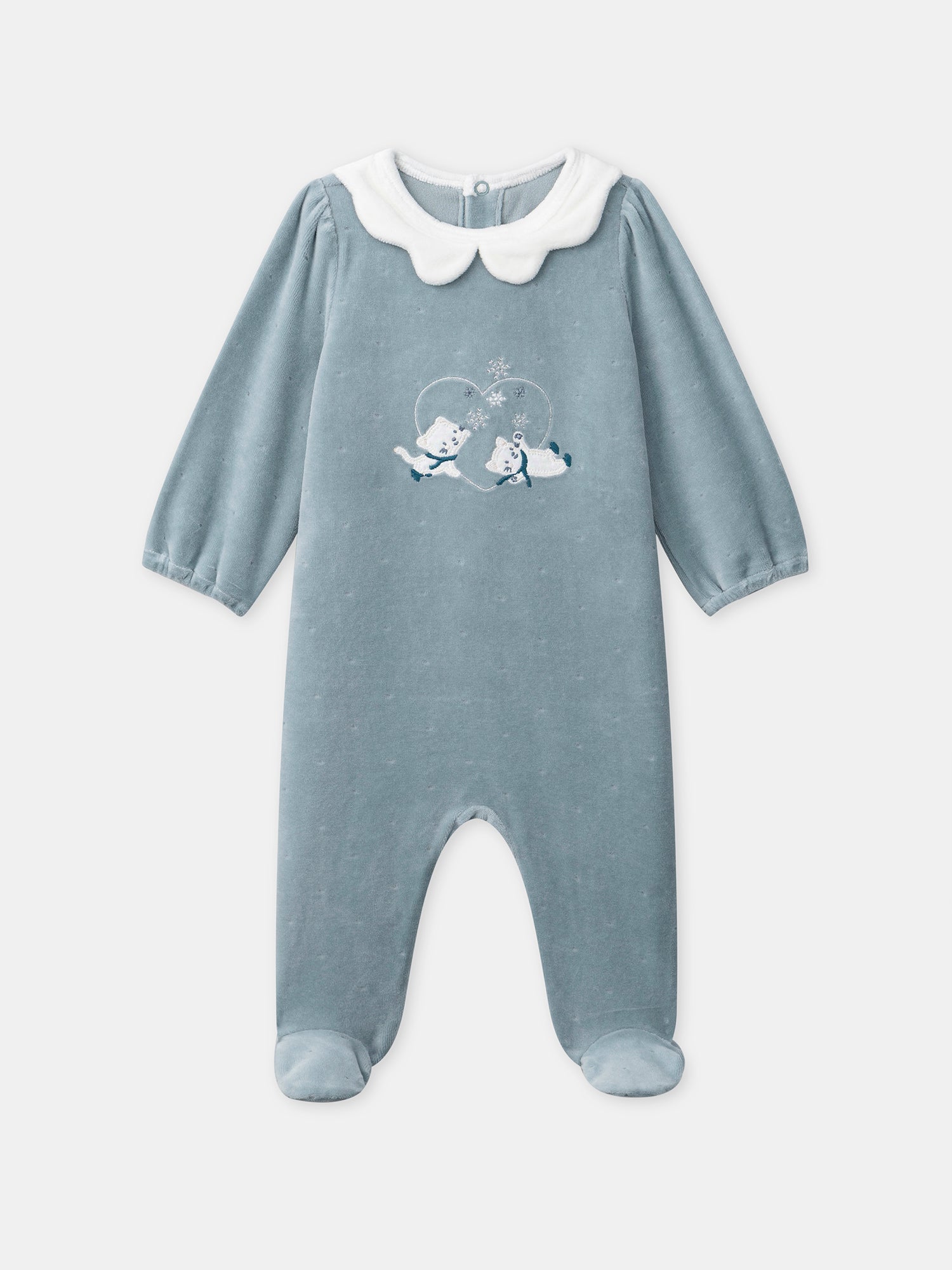 Grenouillère bleue en velours à broderies chats Bébé Fille