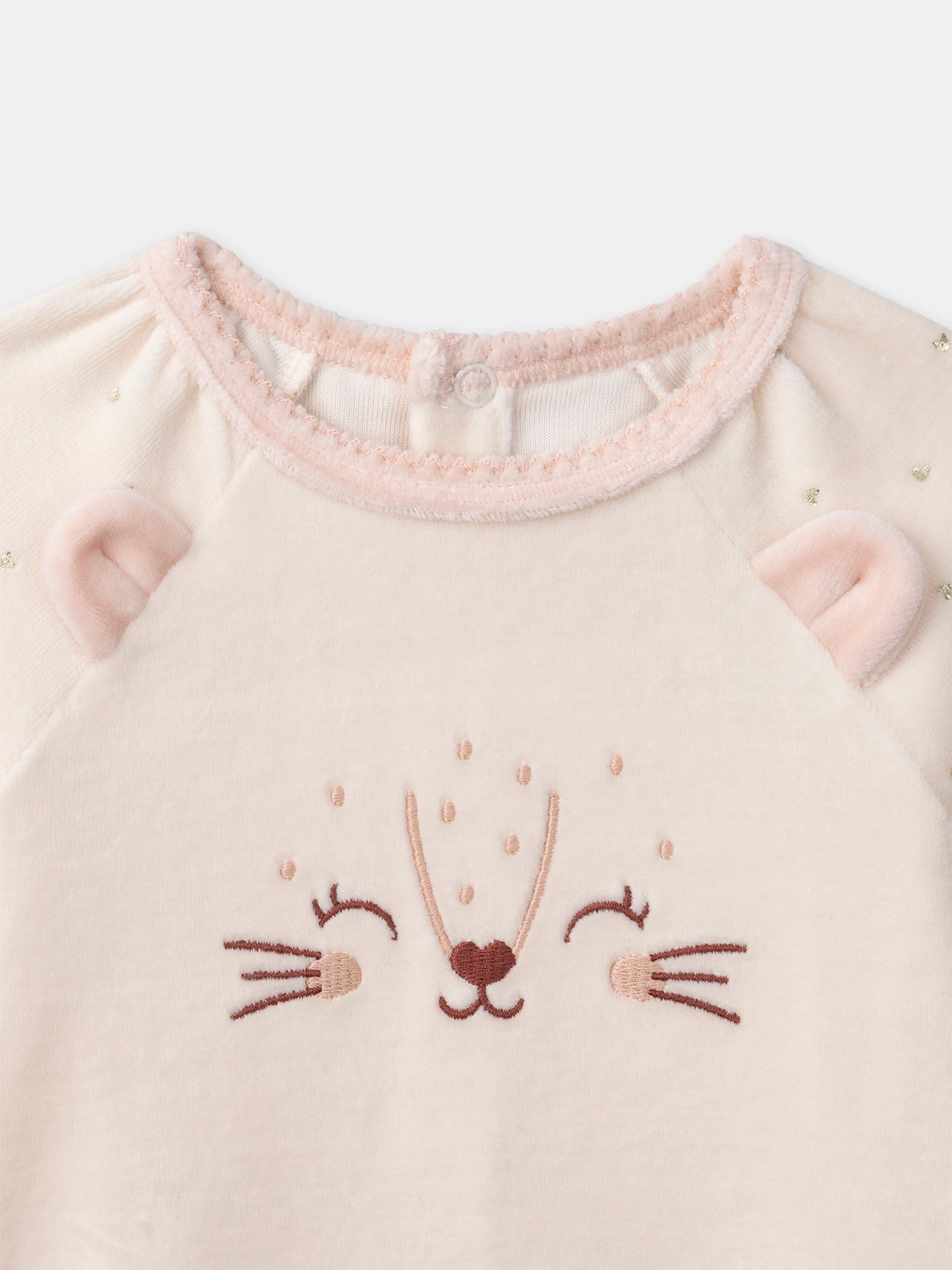 Grenouillère rose visage chat + peluche chat Bébé Fille