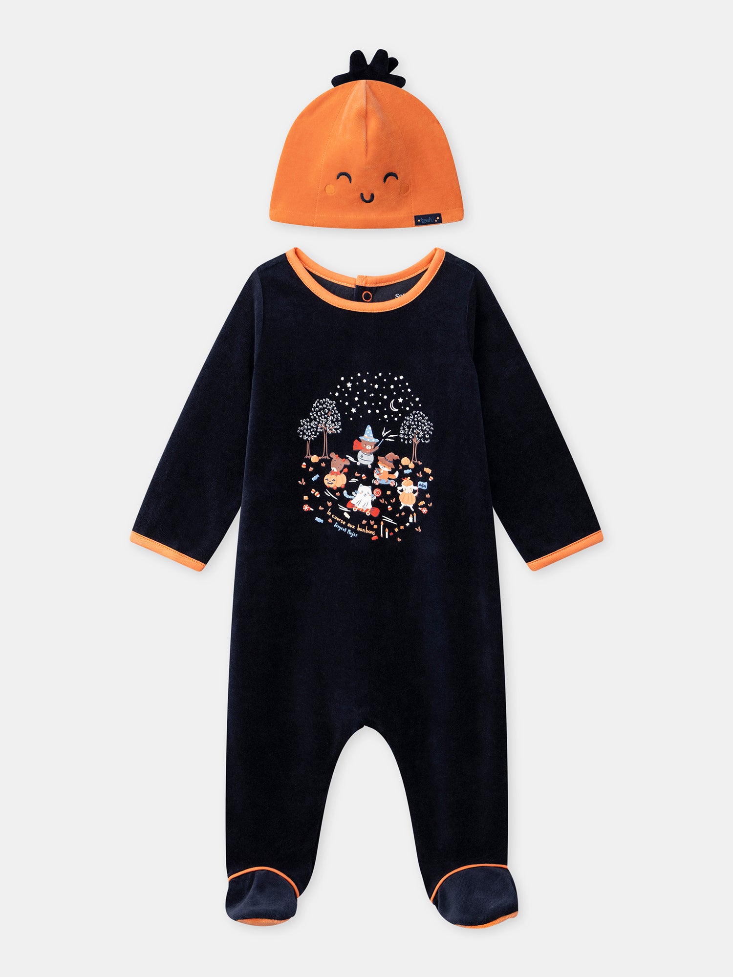 Grenouillère bleu marine en velours + Bonnet citrouille Bébé Garçon
