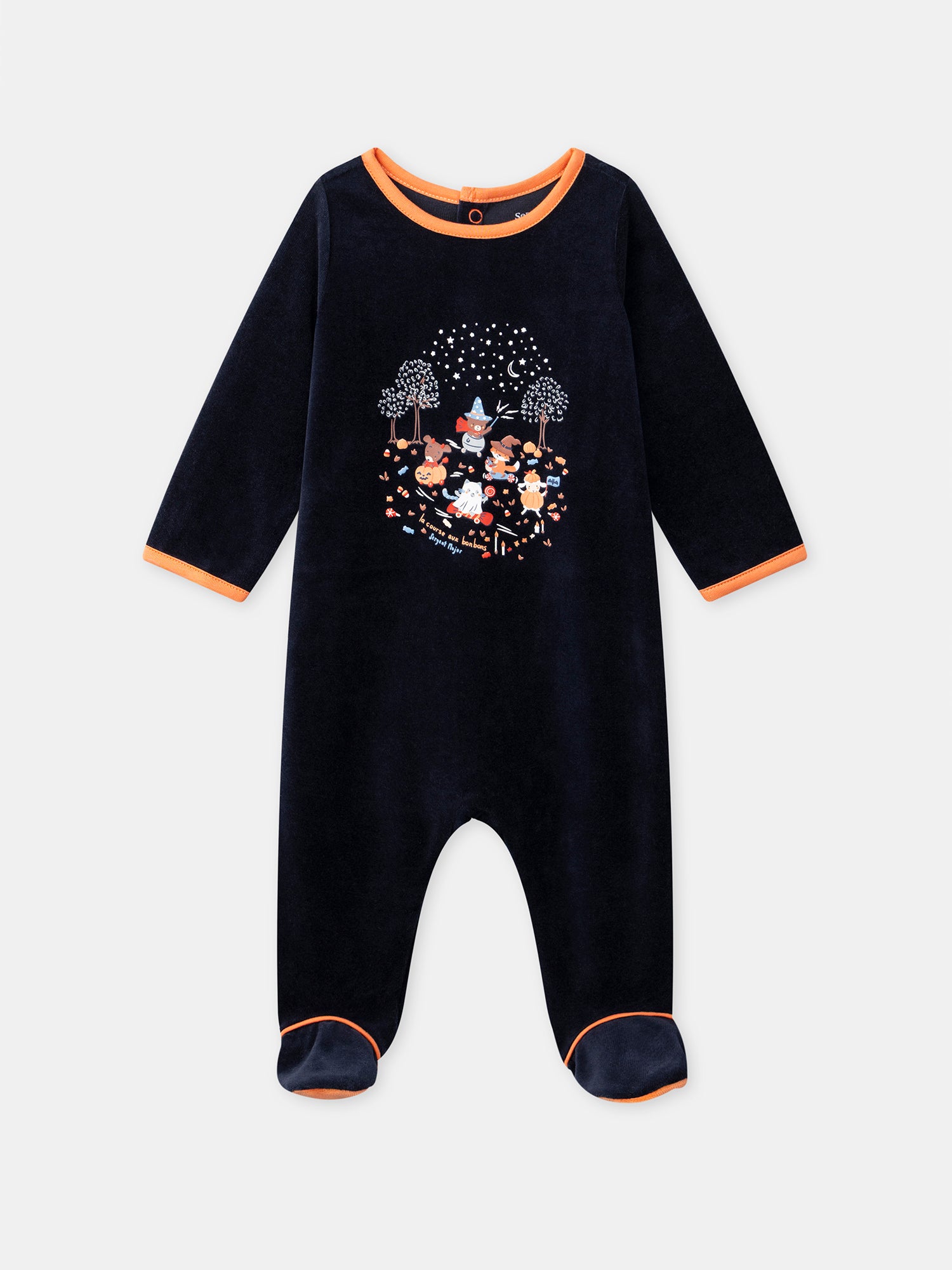 Grenouillère bleu marine en velours + Bonnet citrouille Bébé Garçon