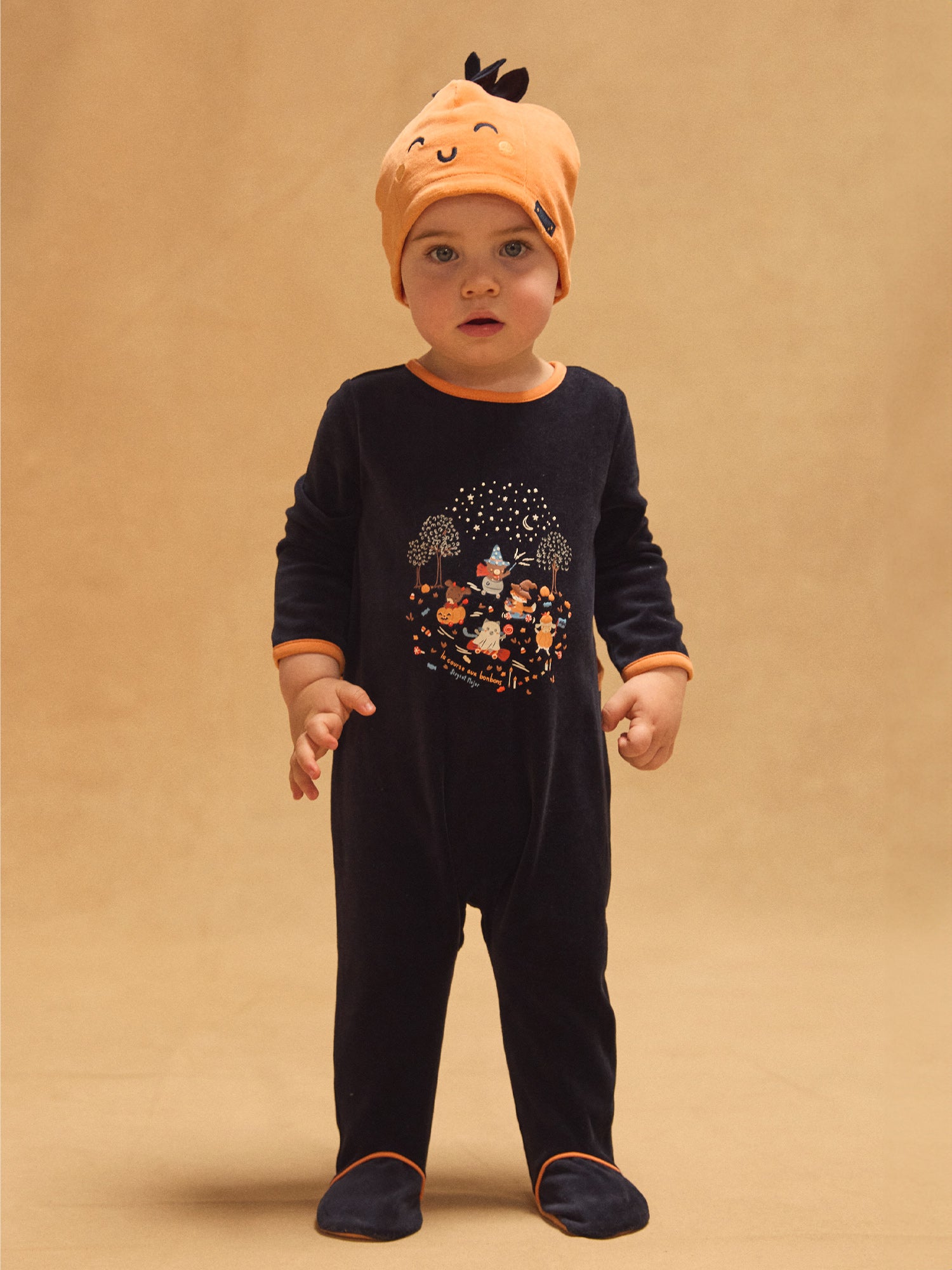 Grenouillère bleu marine en velours + Bonnet citrouille Bébé Garçon