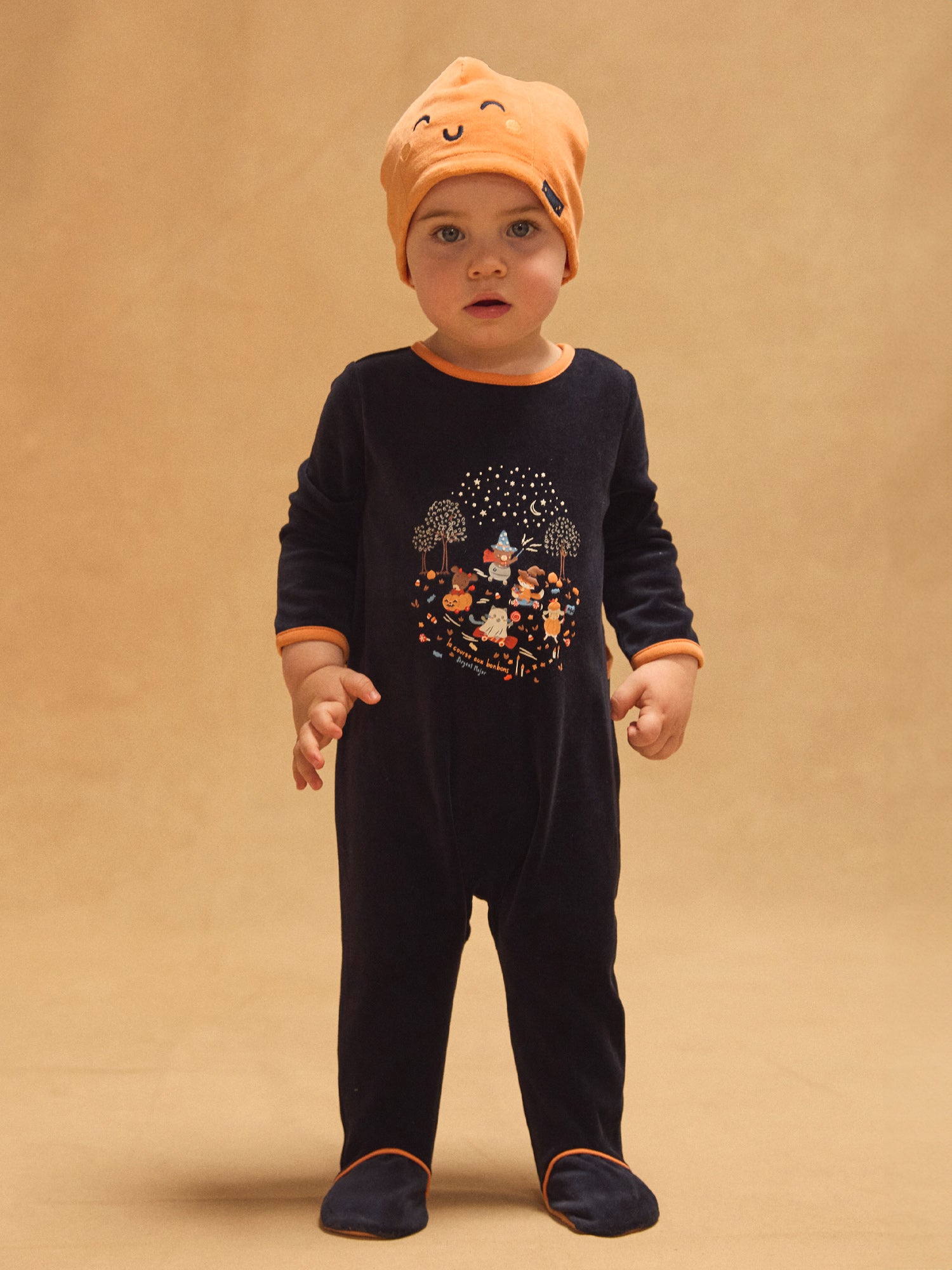 Grenouillère bleu marine en velours + Bonnet citrouille Bébé Garçon