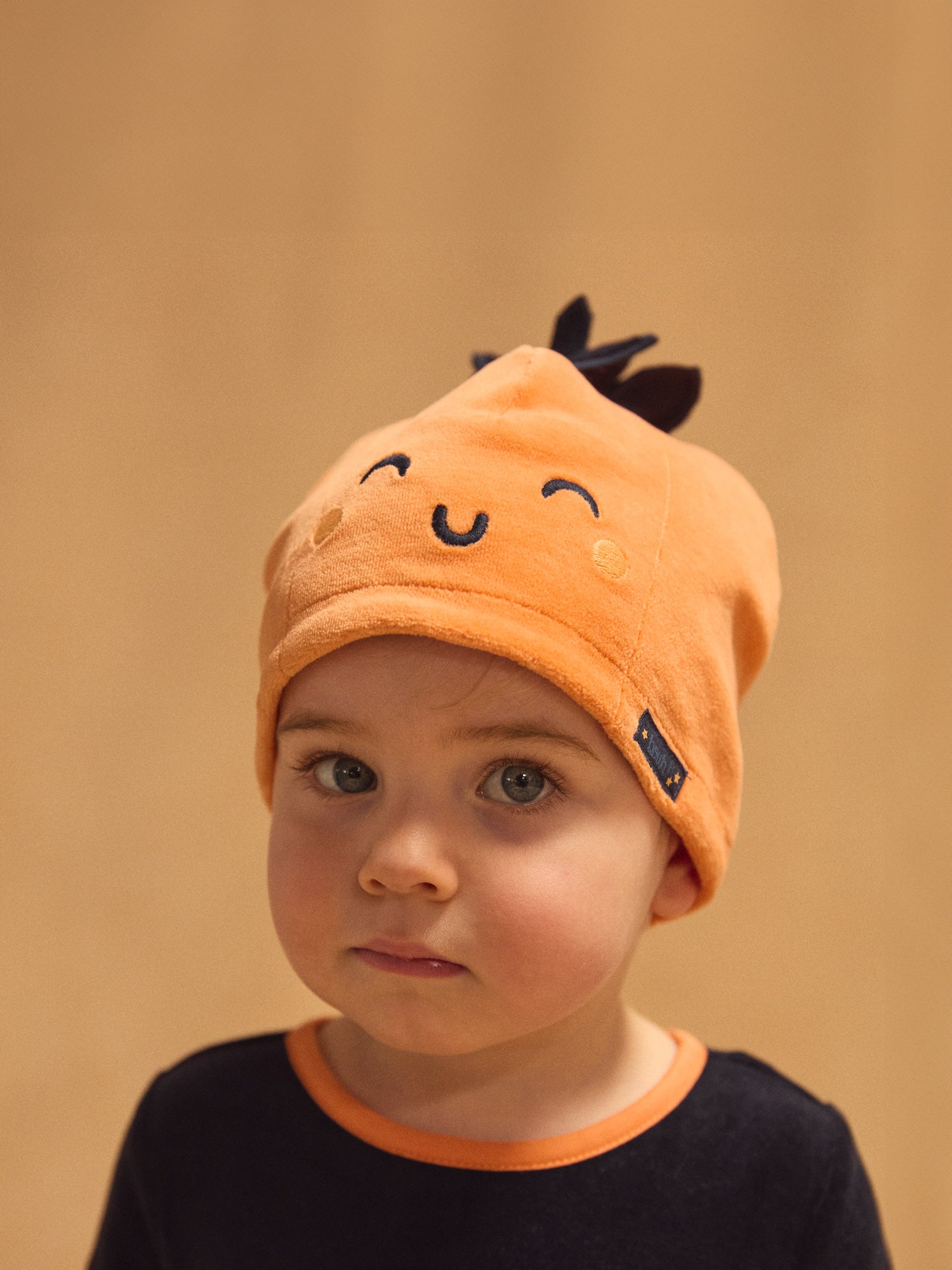Grenouillère bleu marine en velours + Bonnet citrouille Bébé Garçon