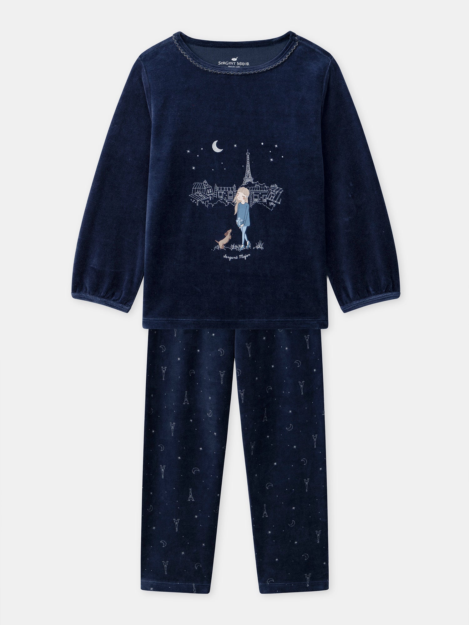 Pyjama bleu nuit en velours imprimé tour Eiffel Fille