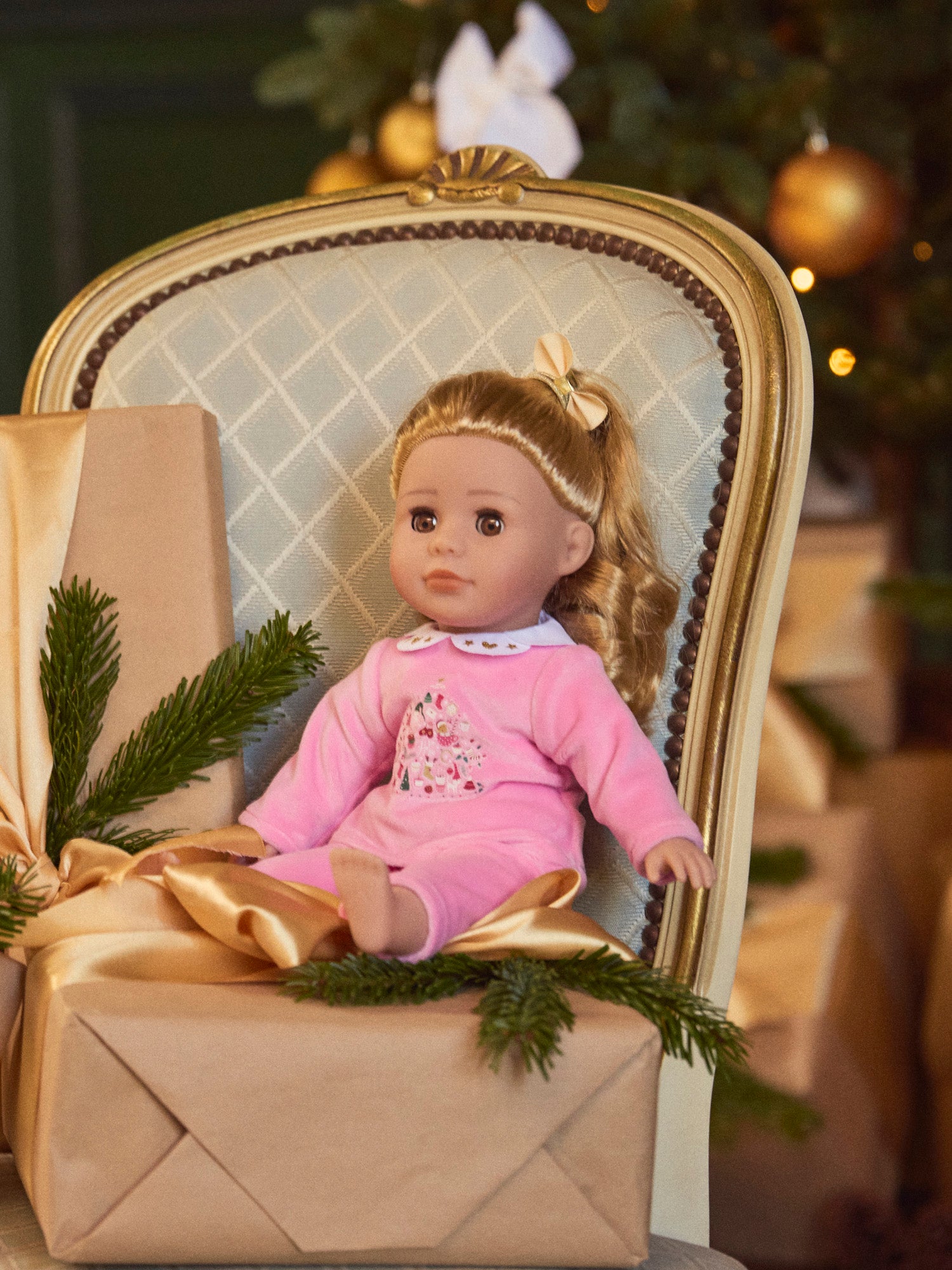 Pyjama poupée rose en velours imprimé noël