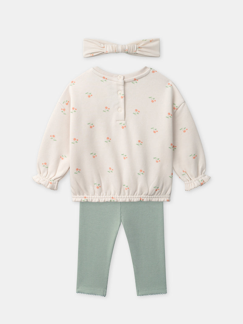 Ensemble sweat écru + legging vert +  bandeau Bébé Fille