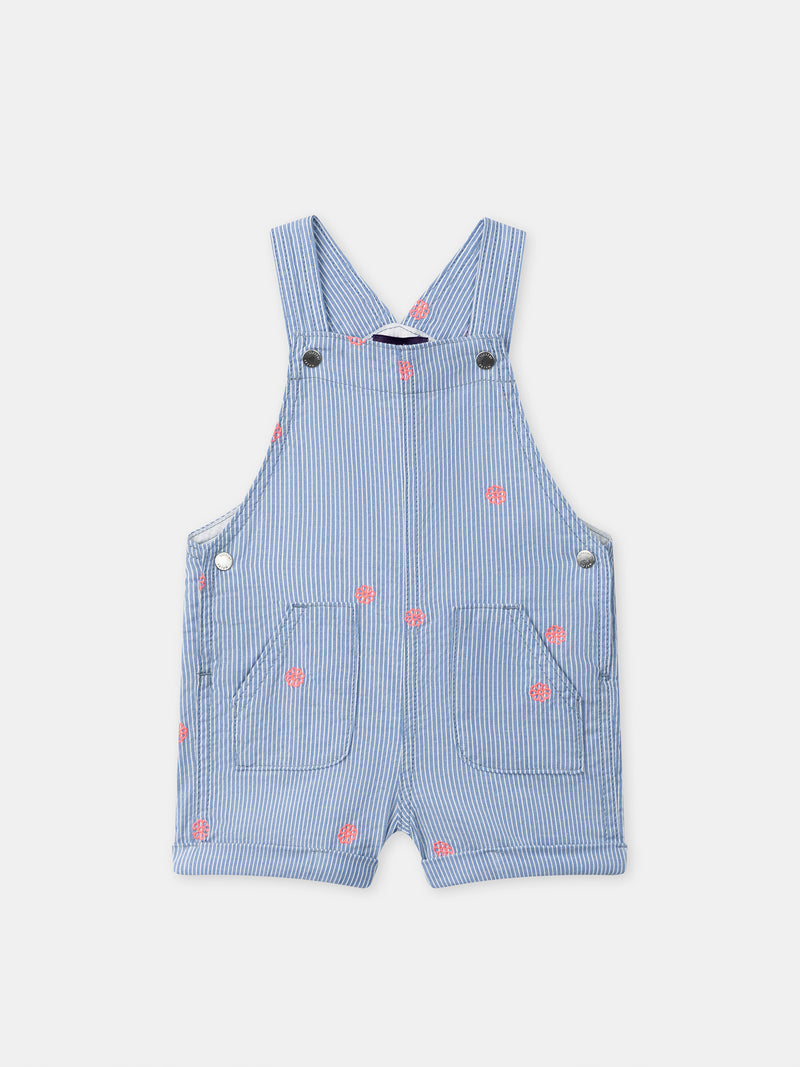 Salopette courte à rayures bleues et broderies fleurs Bébé Fille